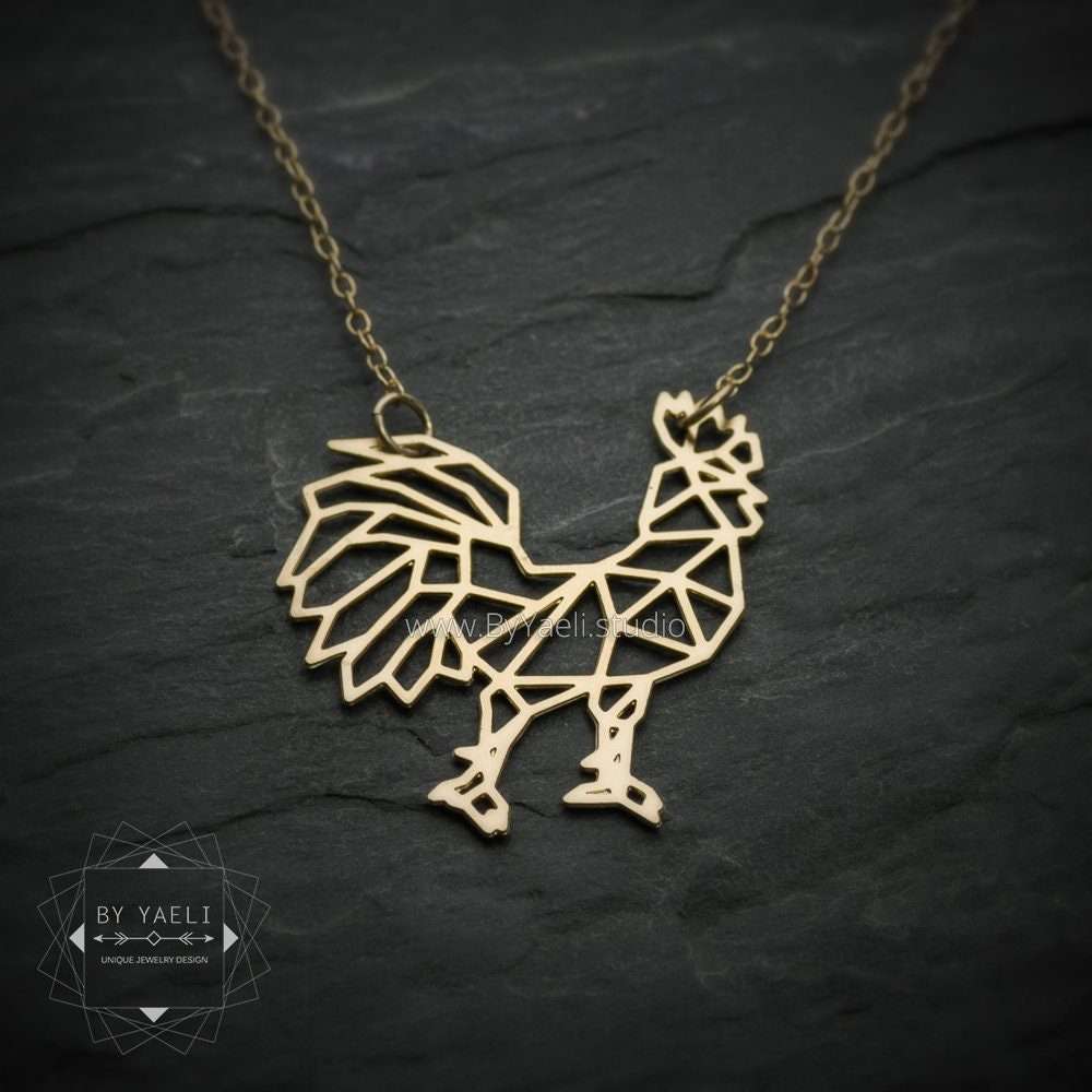 Rooster necklace gold geometric origami rooster pendant farmer gifts