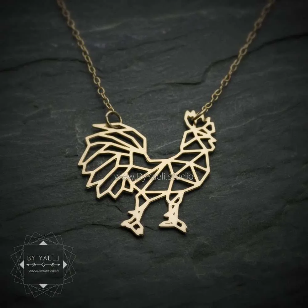 Rooster necklace gold geometric origami rooster pendant farmer gifts