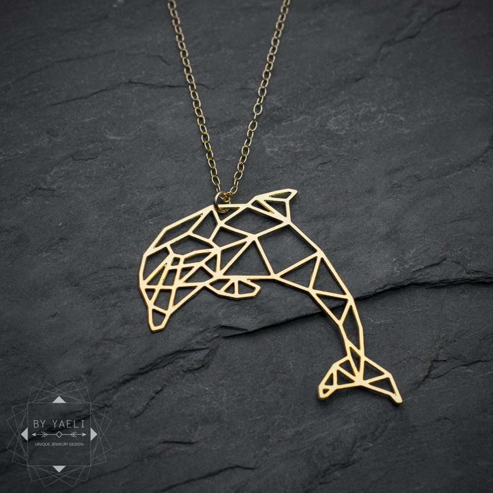 Dolphin necklace origami dolphin pendant gold geometric necklace ocean necklace