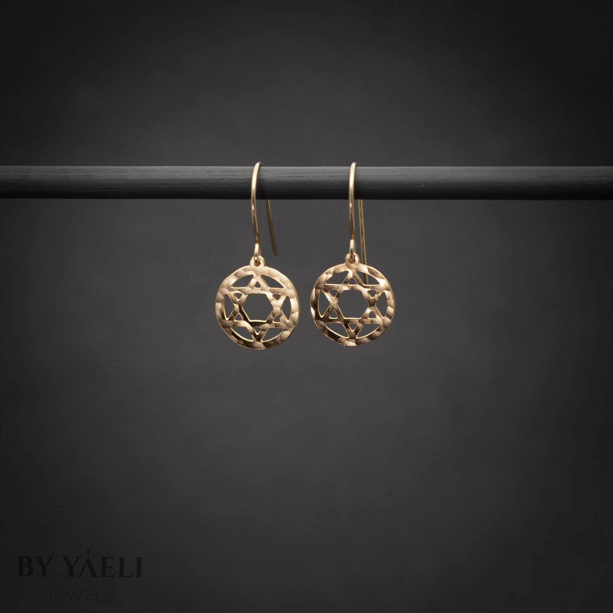 Gold star of David earrings, hammered circle with Magen David Dangle earrings – Jewish jewelry