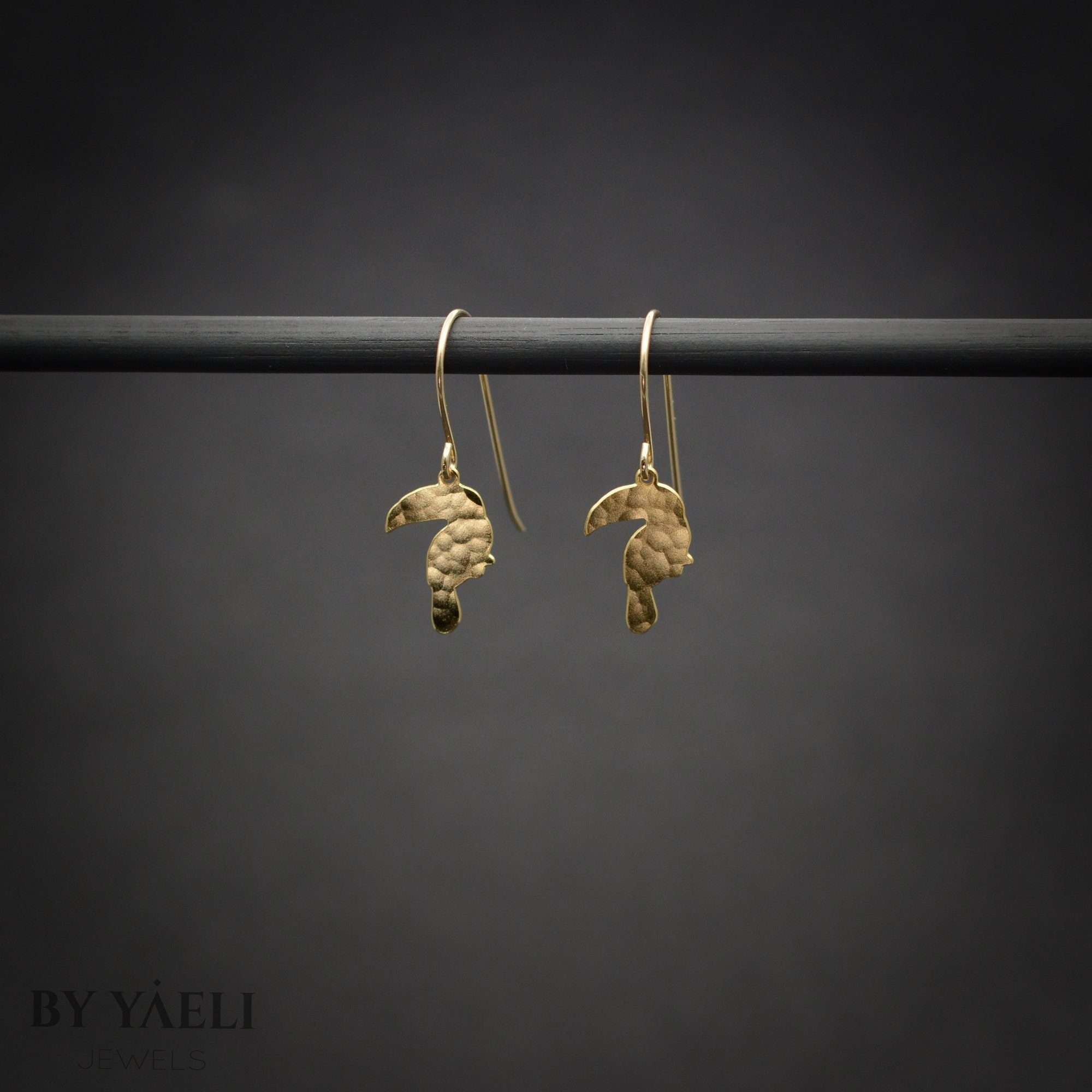 Toucan earrings, gold bird dangle drop earrings tropical jewelry