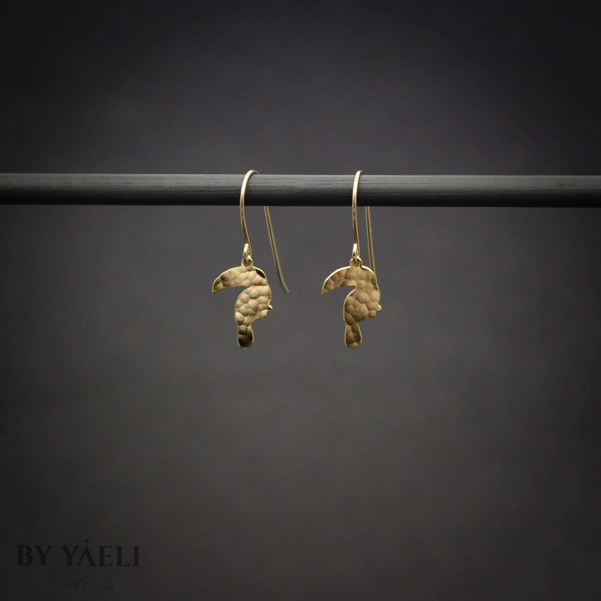 Toucan earrings, gold bird dangle drop earrings tropical jewelry