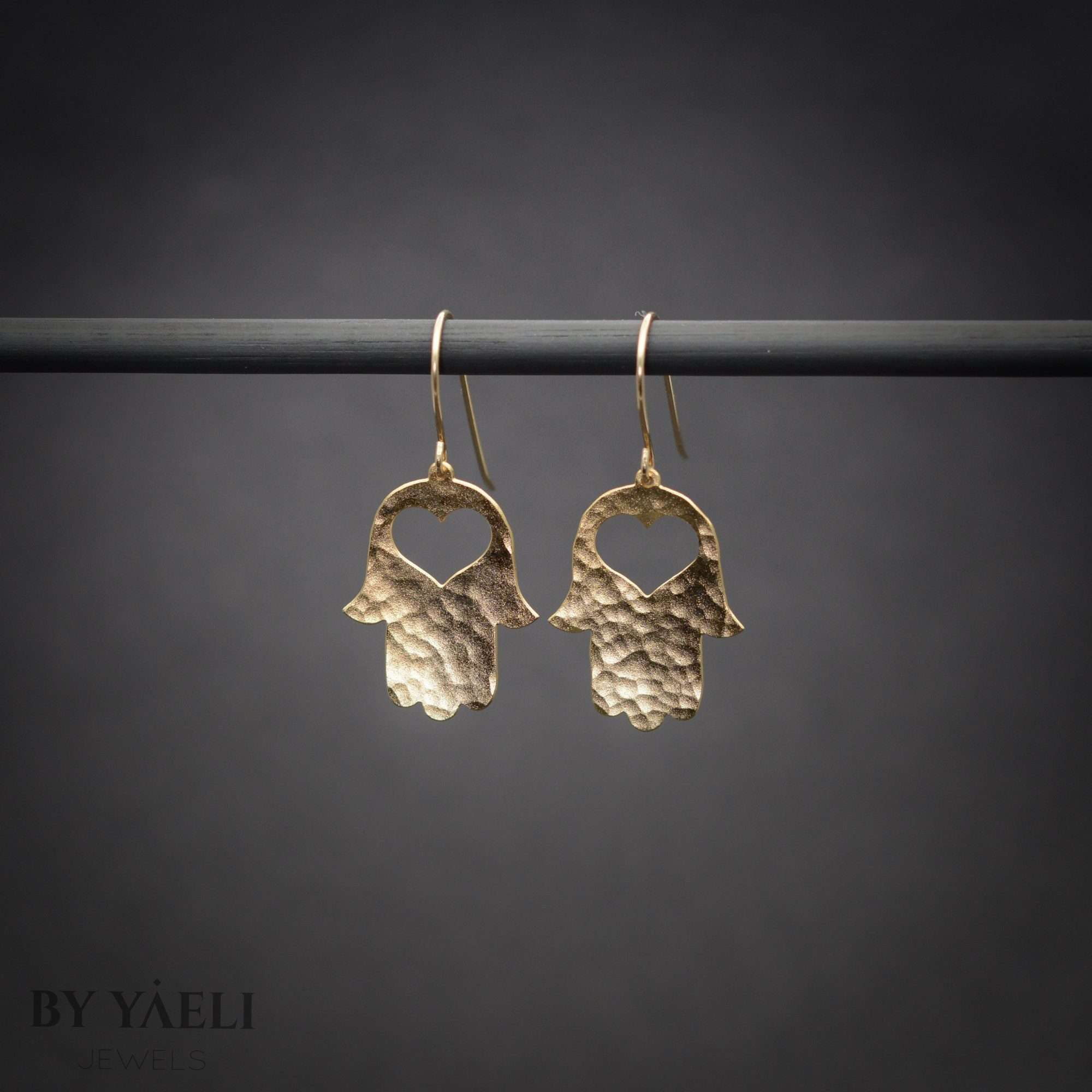 Hamsa earrings, gold hammered hamsa hand with heart dangle earrings