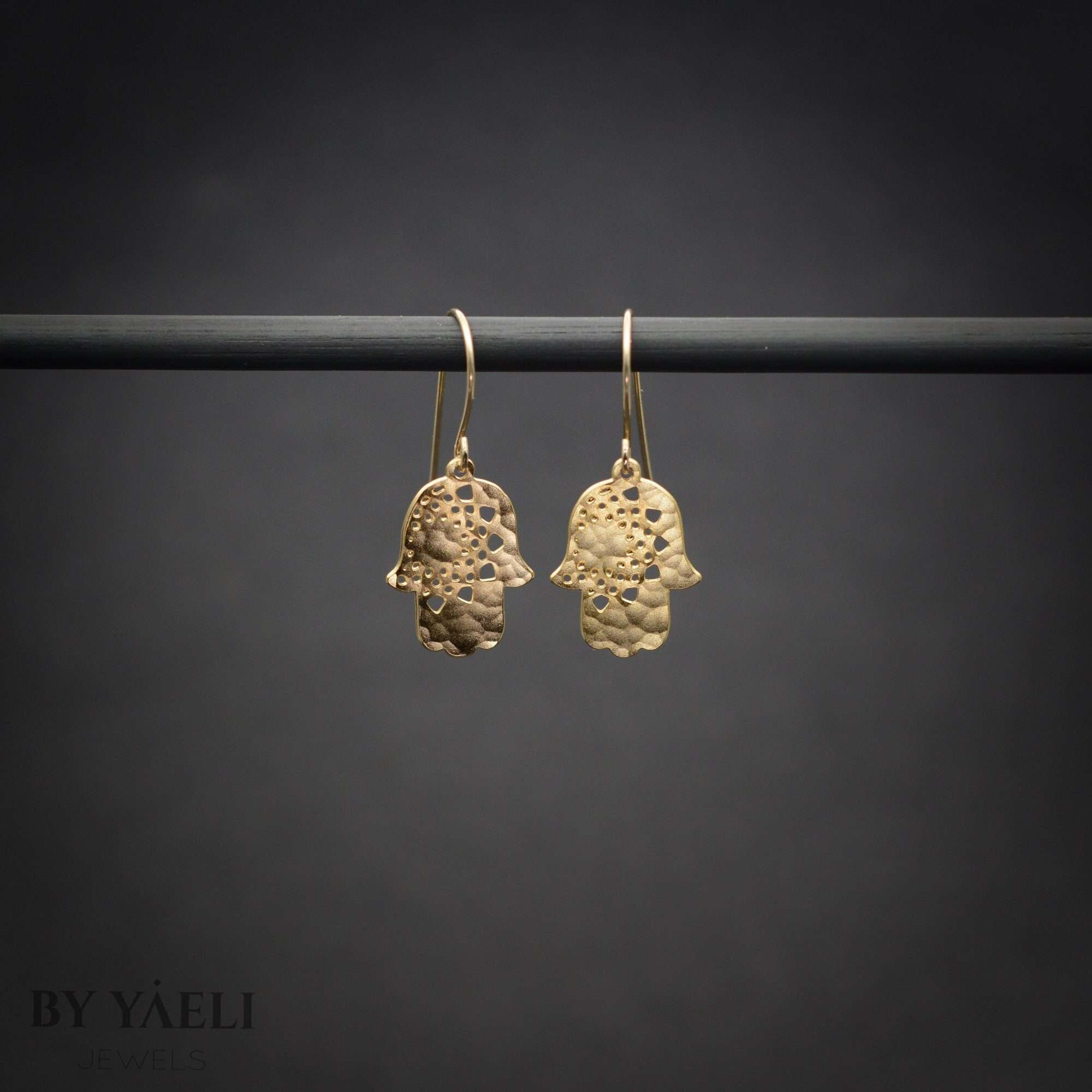Gold hamsa earrings, hand with mandala dangle earrings protection jewelry