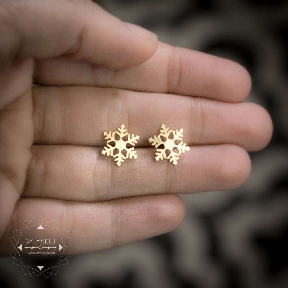 Snowflake earrings tiny snowflake post earrings gold snowflake stud earrings