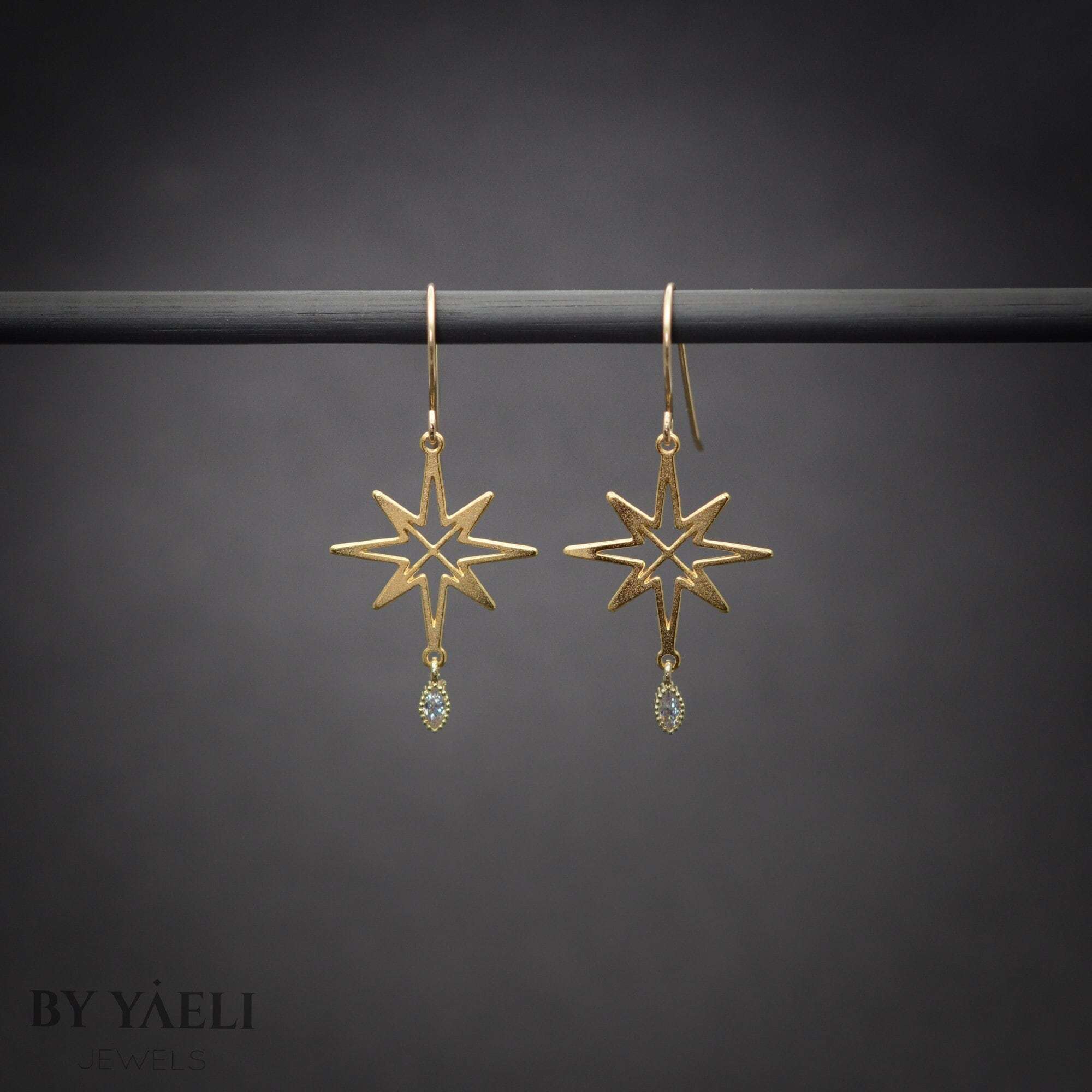 North Star earrings, gold celestial dangle earrings with zircon