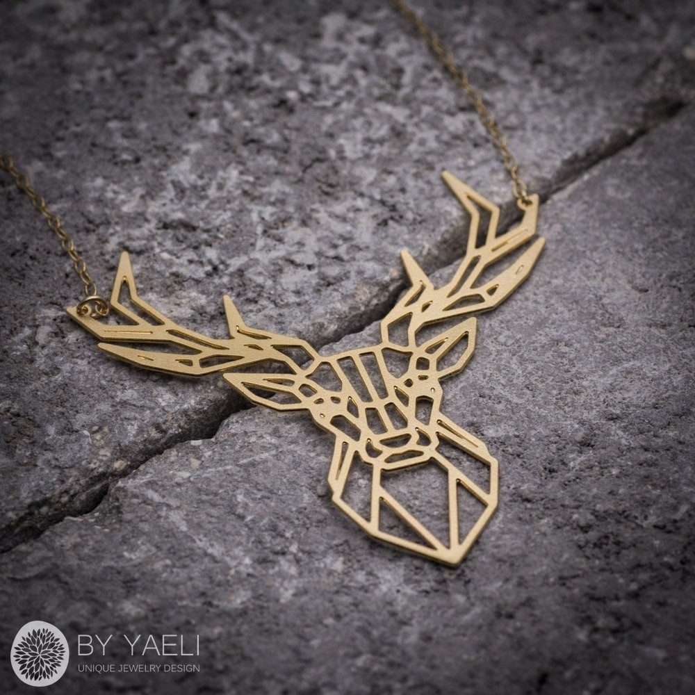 Deer necklace, gold geometric deer head necklace, animal necklace