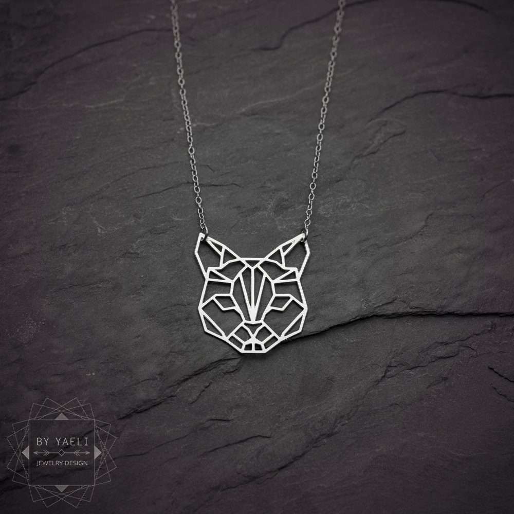 Cat necklace, silver cat pendant cat jewelry origami cat
