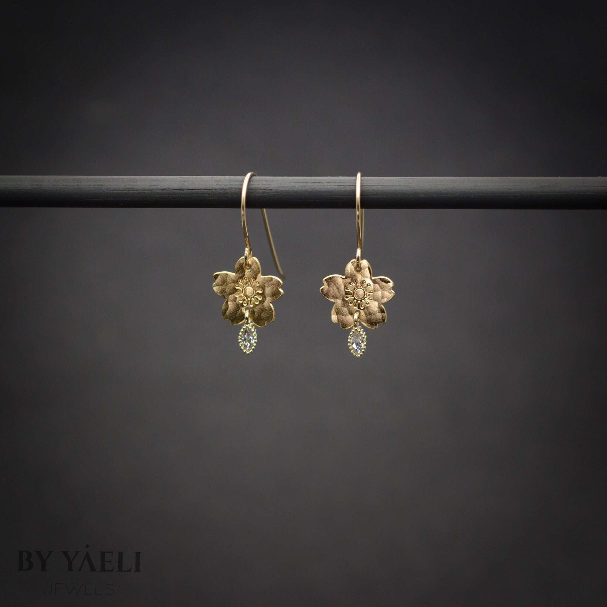 Sakura earrings, gold sakura flower with zircon dangle earrings