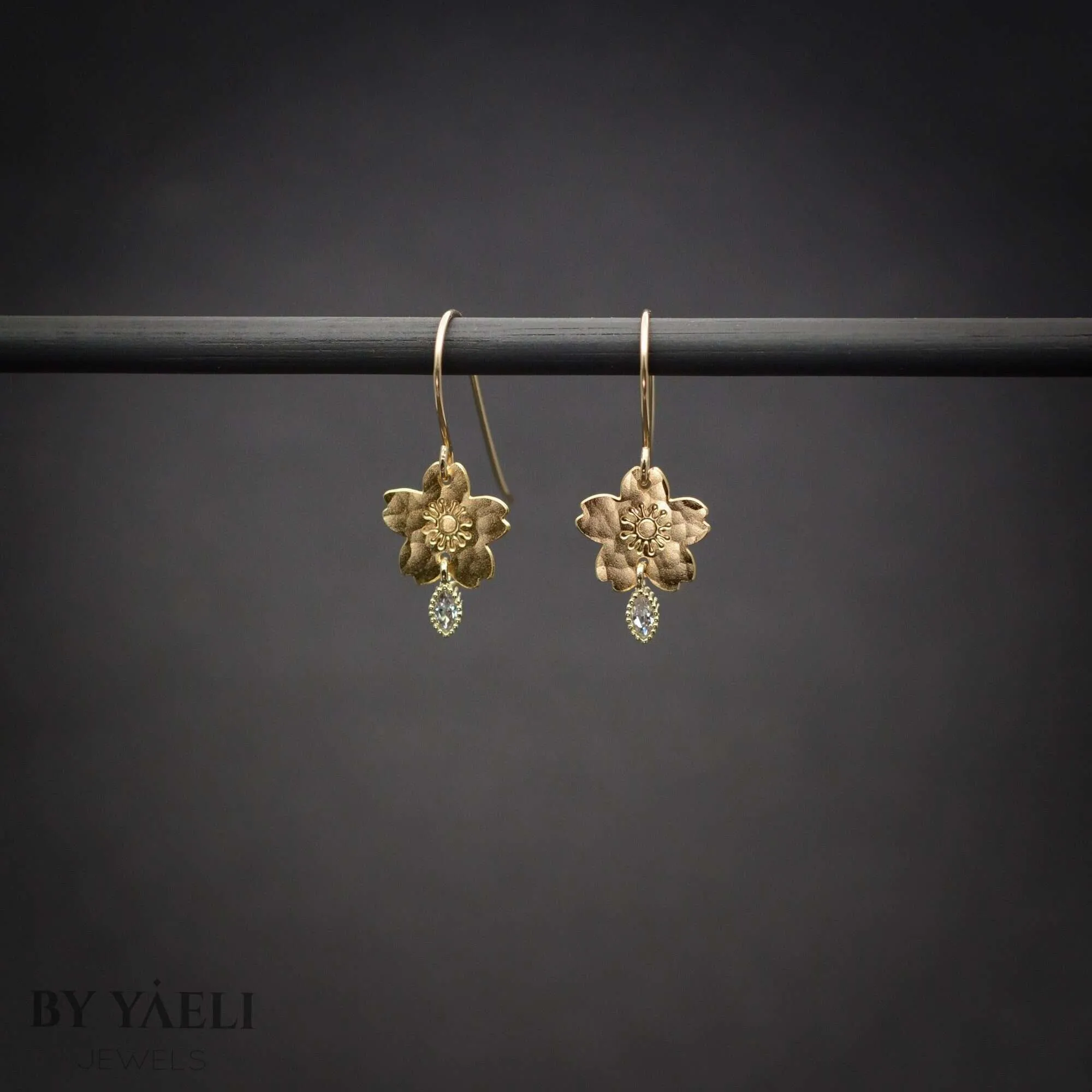 Sakura earrings, gold sakura flower with zircon dangle earrings
