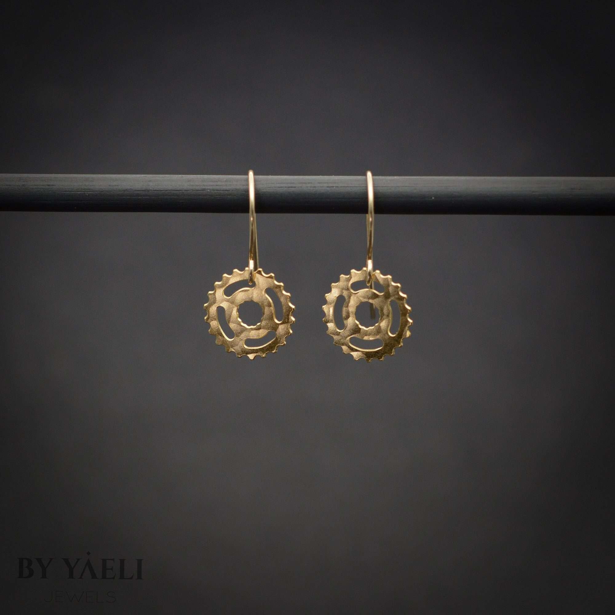 Gear earrings, gold gear dangle earrings bicycle earrings