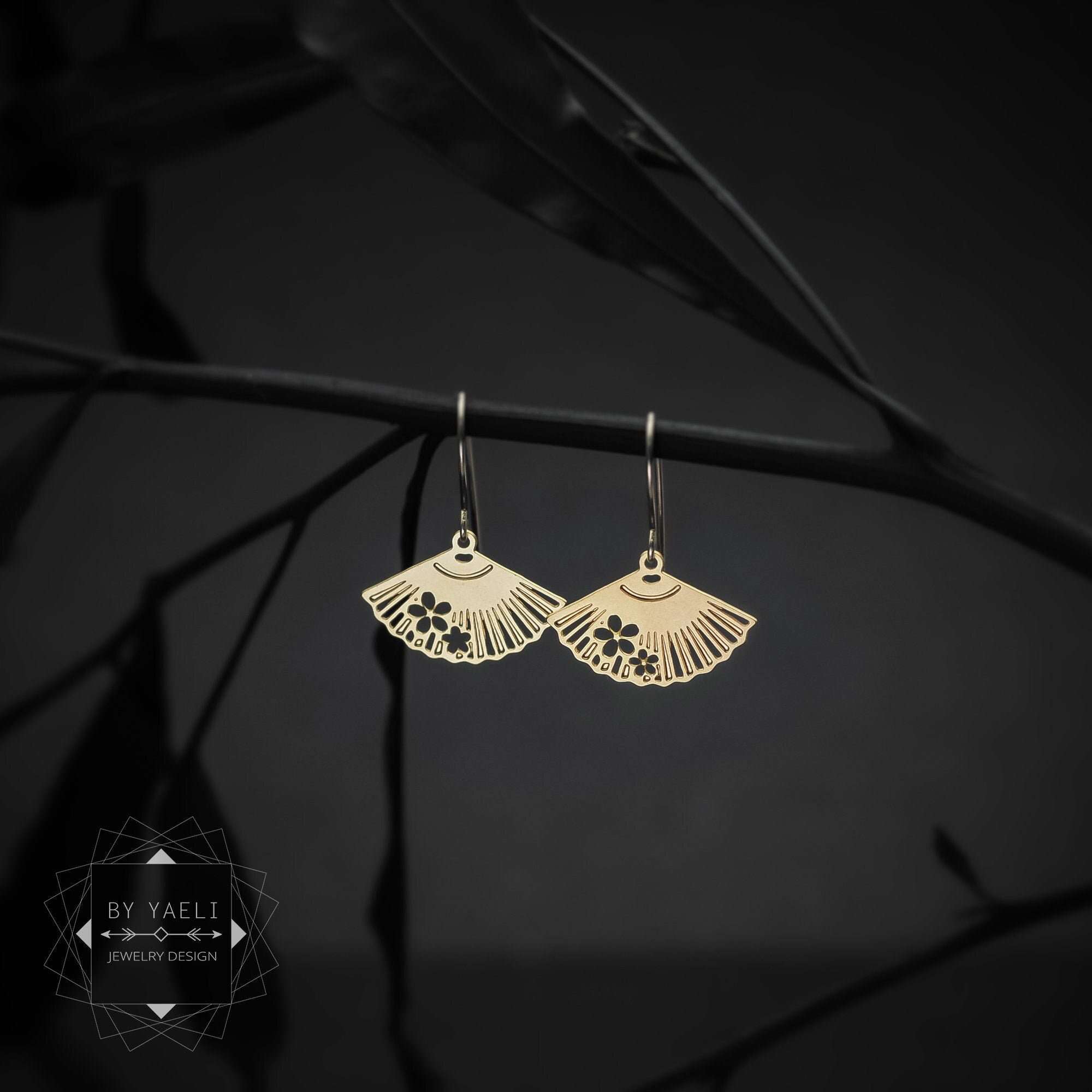 Fan earrings fan dangle earrings gold Japanese fan drop earrings