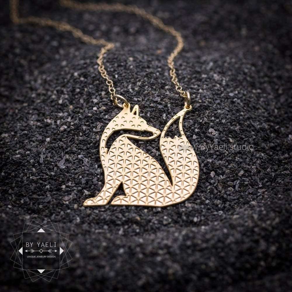 Fox pendant, Geometric gold fox necklace, animal lovers gift.