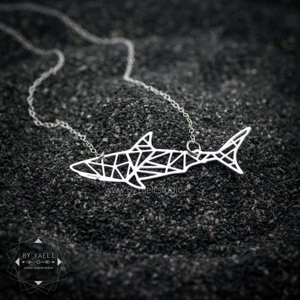 Shark necklace shark jewelry geometric origami silver shark pendant