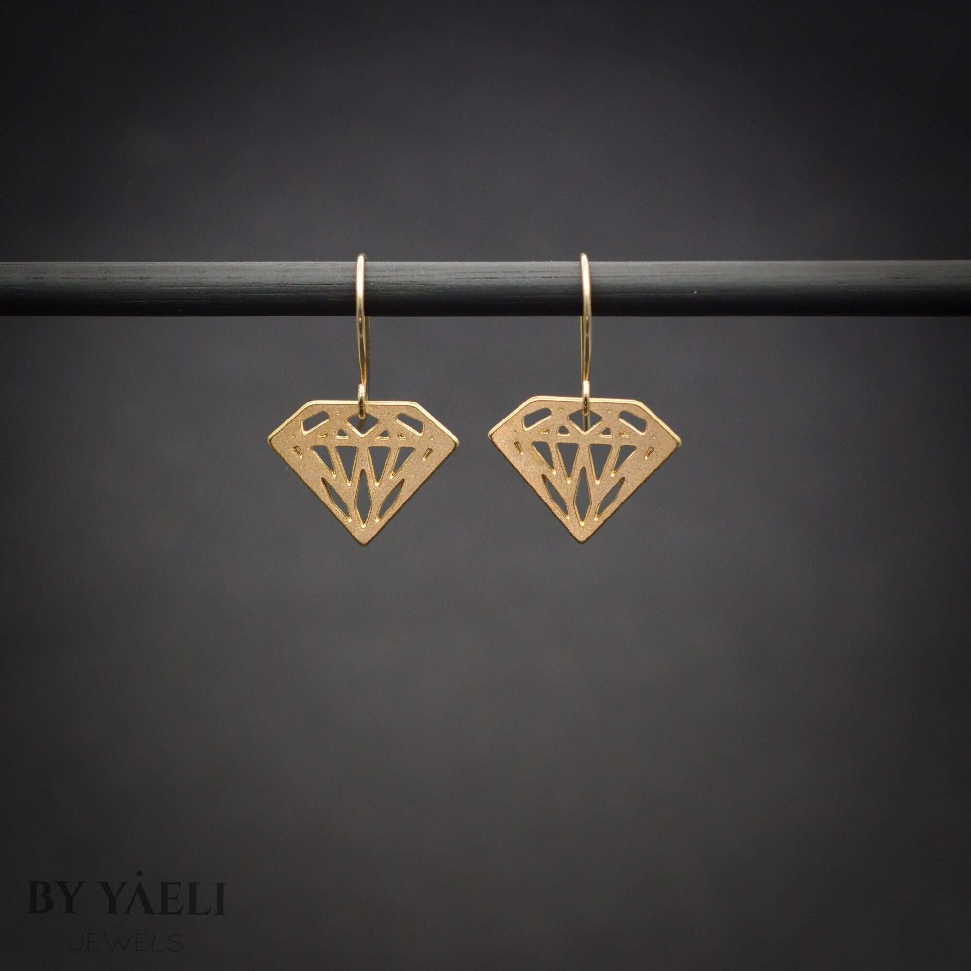 Gold diamond shape dangle earrings, weeding jewelry.