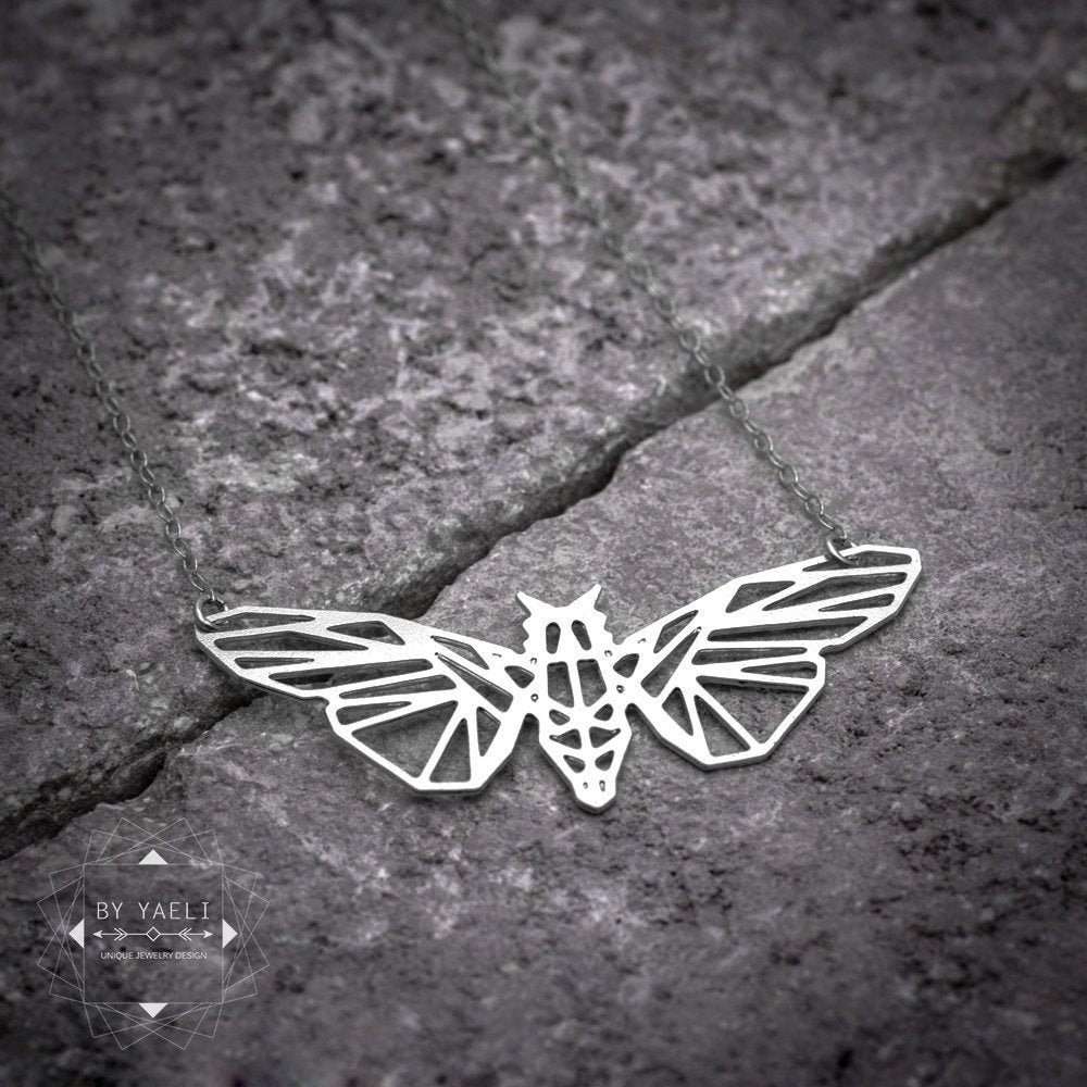 Moth necklace silver death’s head moth necklace silver origami geometric moth pendant