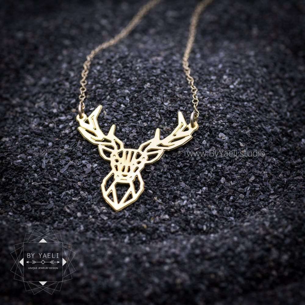Gold deer necklace origami deer pendant gold geometric deer jewelry