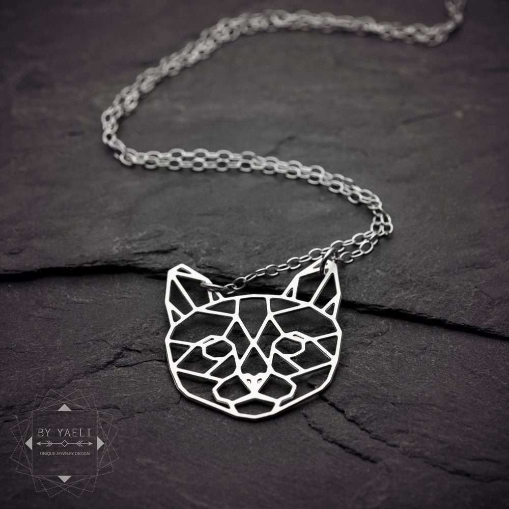 Cat necklace silver cat charm geometric origami pendant