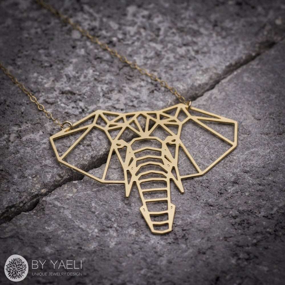 Elephant necklace, gold geometric elephant lover gift, lucky necklace.
