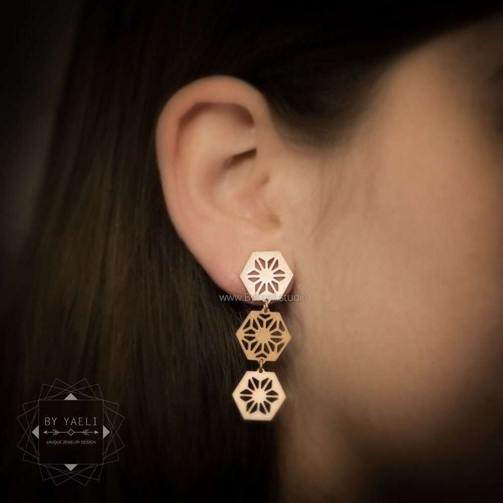 Geometric earrings hexagons stud earrings long dangle earrings gold hexagon earrings