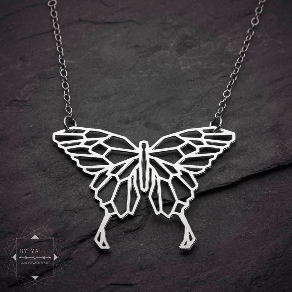 Butterfly necklace silver geometric butterfly pendant origami butterfly necklace