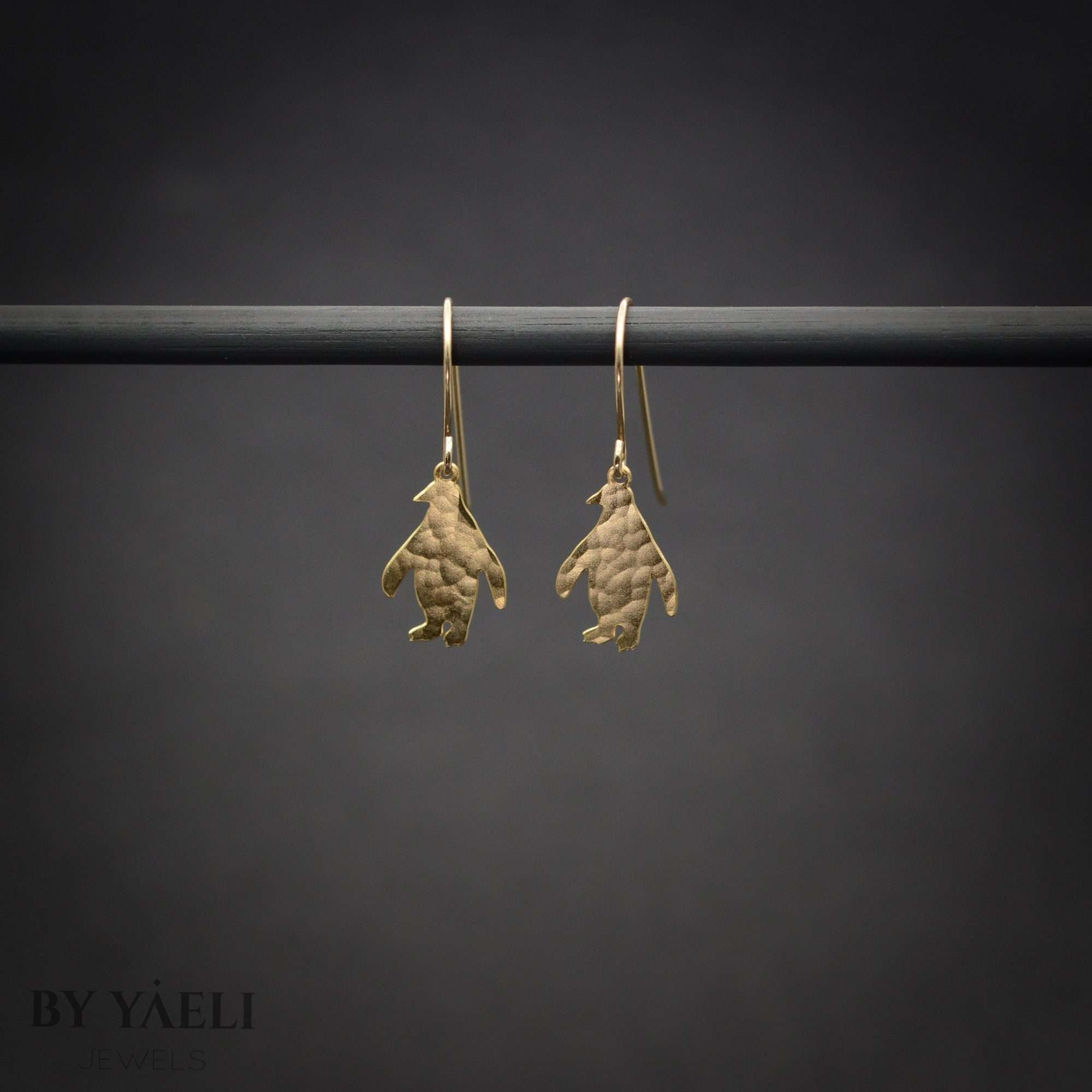 Penguin earrings, gold tiny penguin dangle earrings