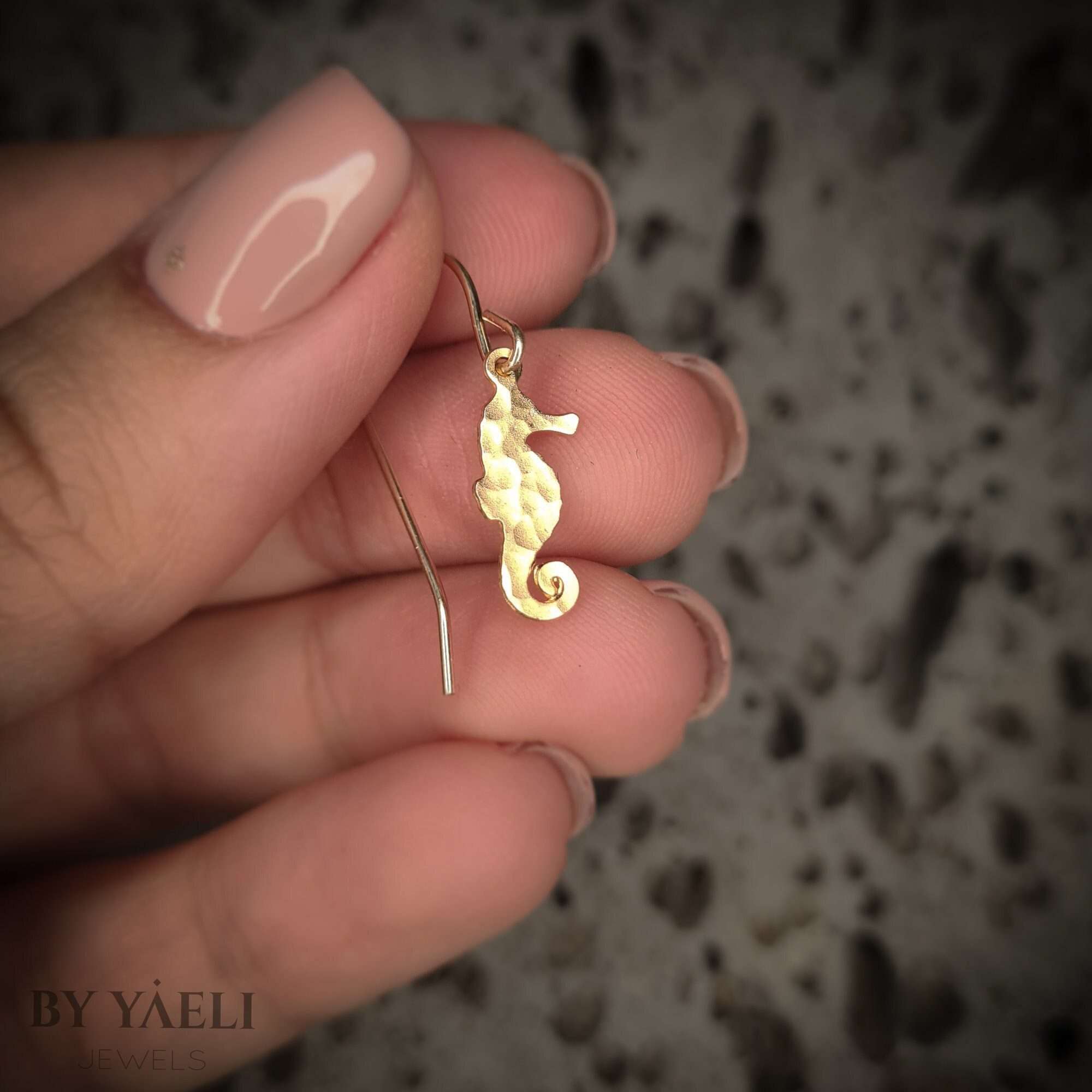 Seahorse earrings, tiny gold seahorse dangle earrings ocean jewelry