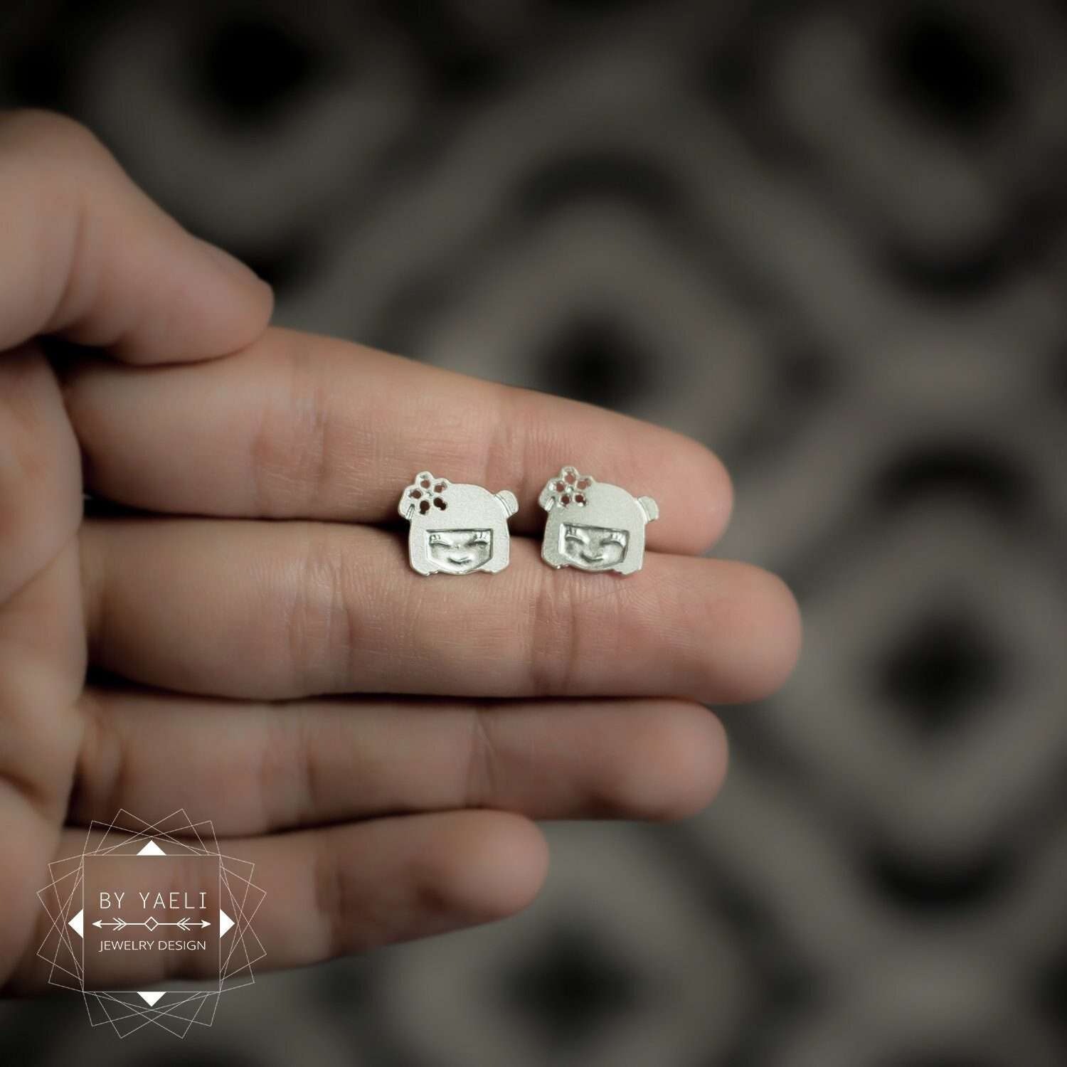 Kokeshi stud earrings, silver Japanese tiny earrings