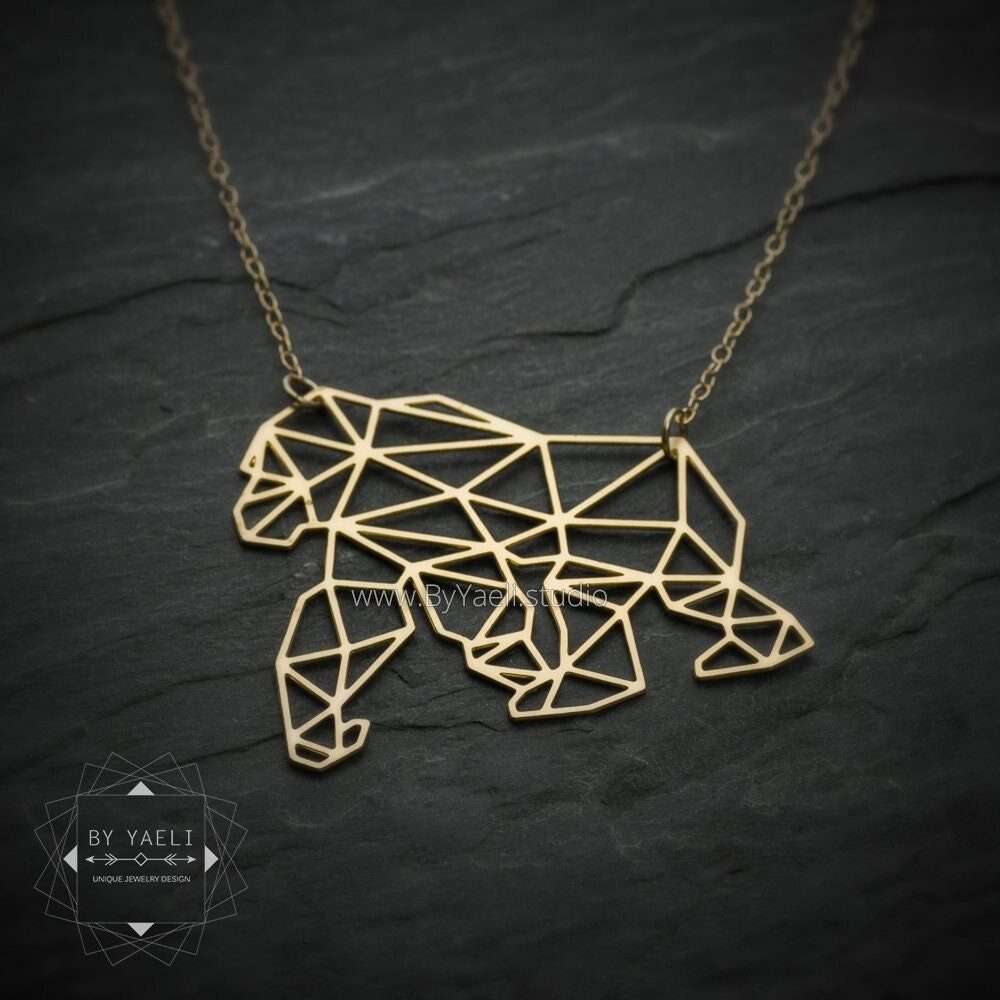 Gorilla necklace gold origami gorilla necklace geometric nature jewelry
