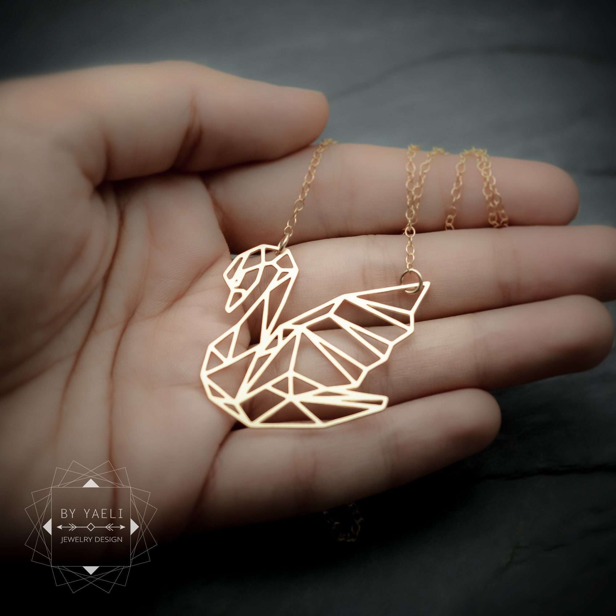 Swan necklace gold geometric origami swan pendant