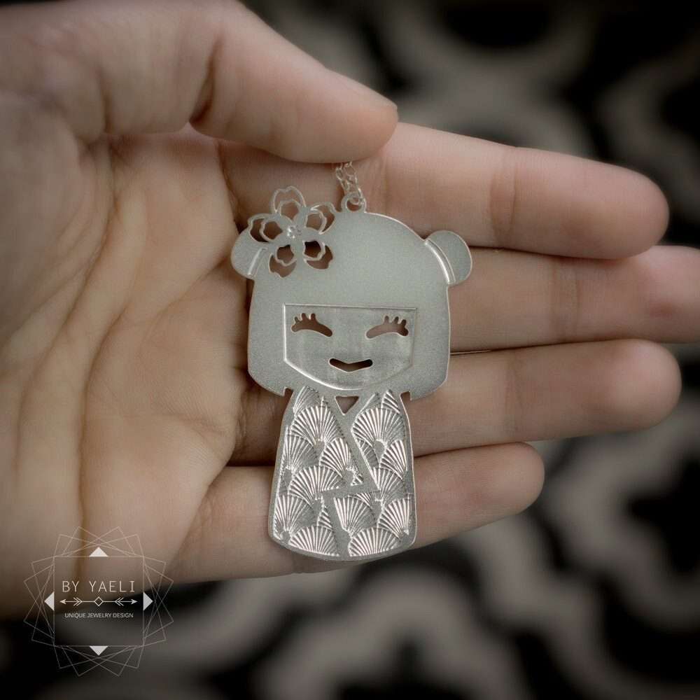 Kokeshi necklace Japanese silver Kokeshi doll necklace  Japanese gift