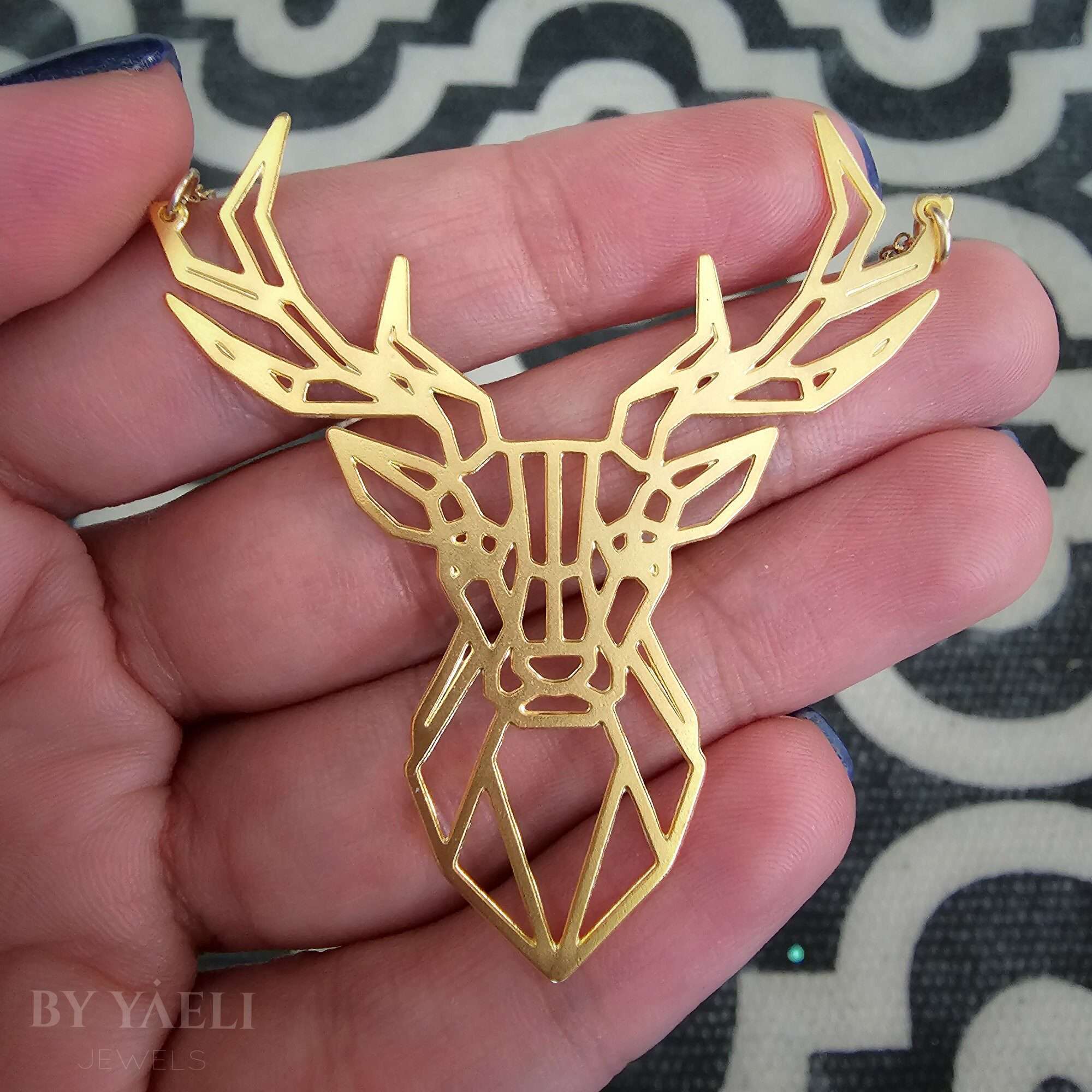Deer necklace, gold geometric deer head necklace, animal necklace 3 Deer necklace, gold geometric deer head necklace, animal necklace - Image 3