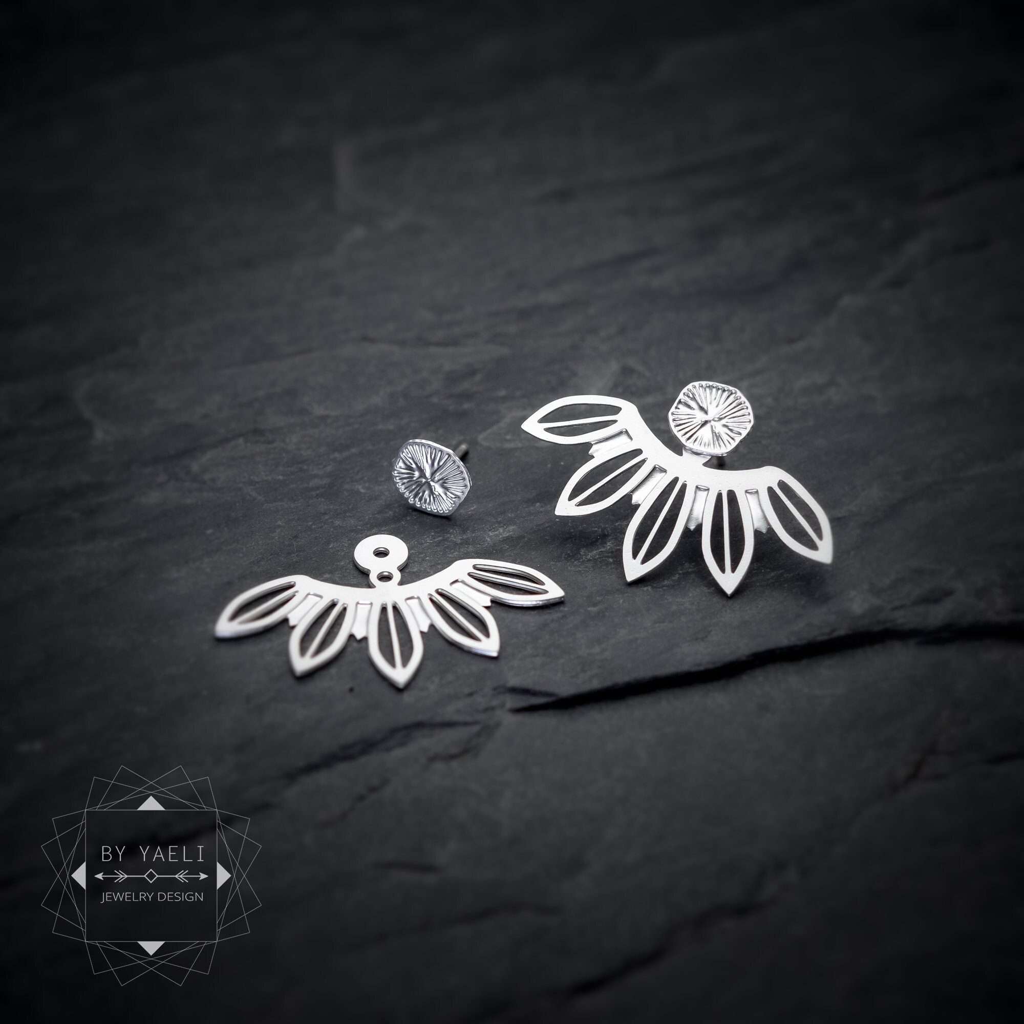 Floral ear jacket earrings, leaf botanical silver earrings