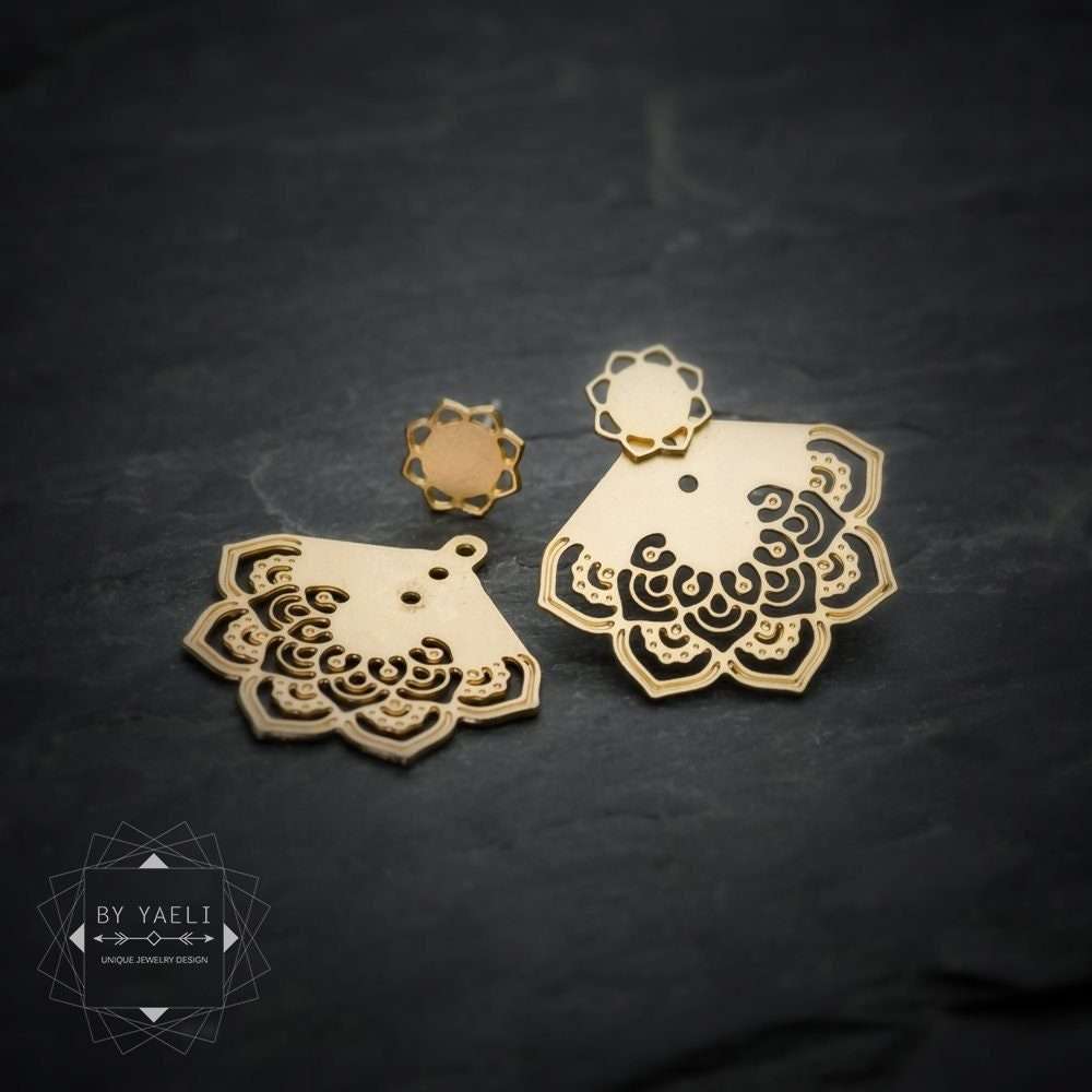 Home 22 Ear jacket, gold flower earrings ,bohemian ethnic mandala earrings, floral mandala earrings
