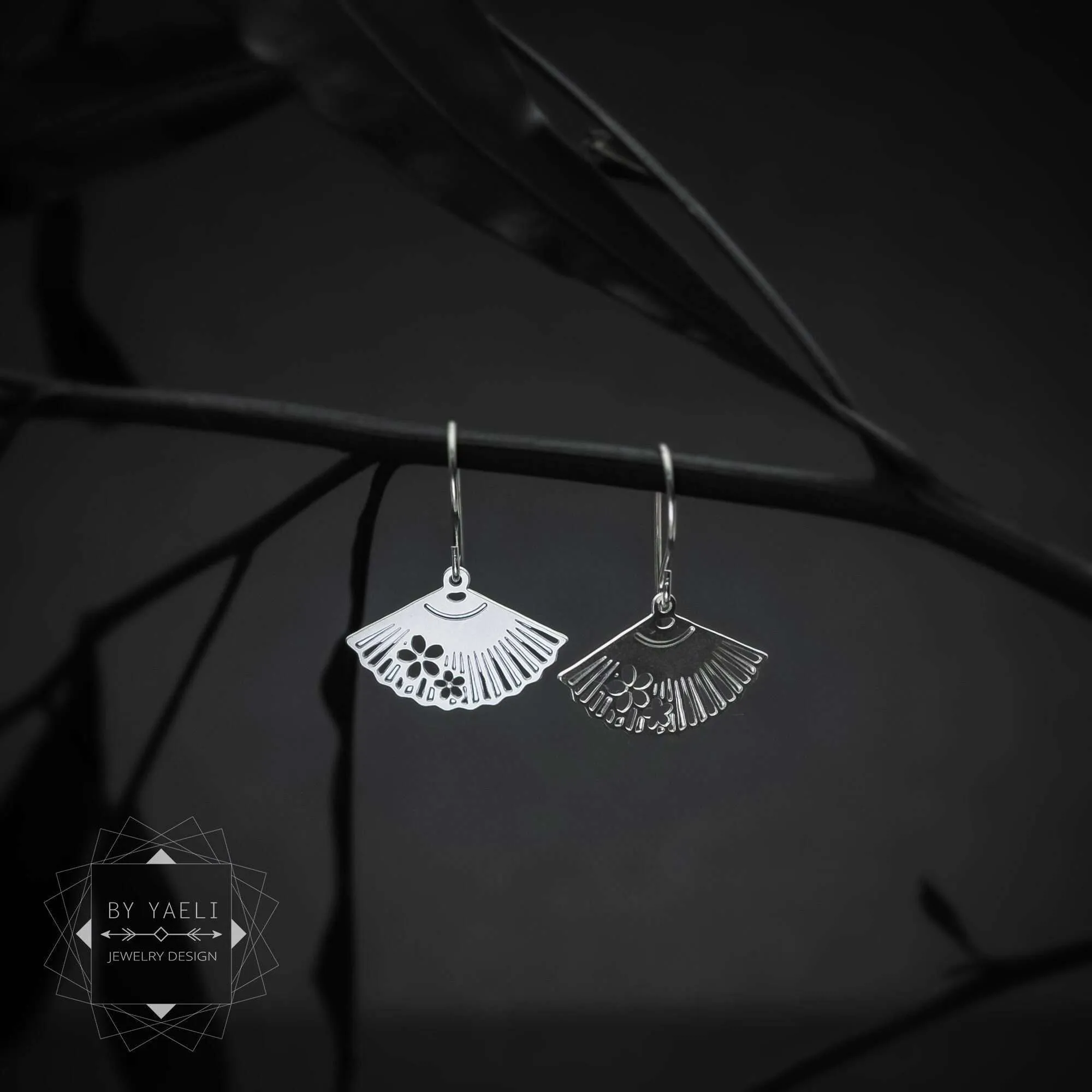 Fan earrings Japanese fan dangle earrings silver fan drop earrings