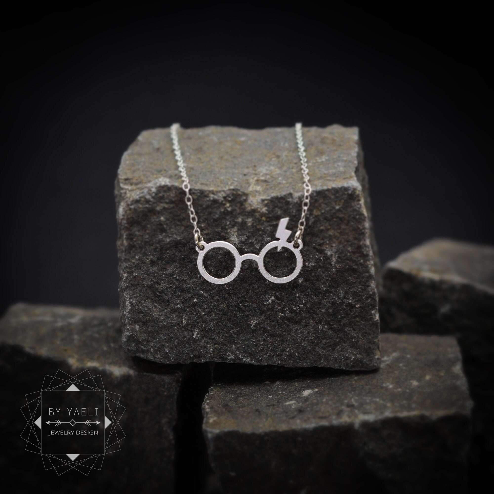 Eyeglasses necklace Eyeglasses lightning bolt necklace silver statement necklace
