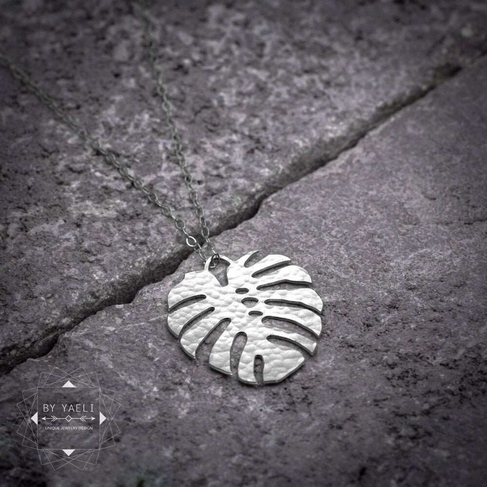 Leaf necklace, silver Monstera necklace, nature jewelry tropical leaf pendant