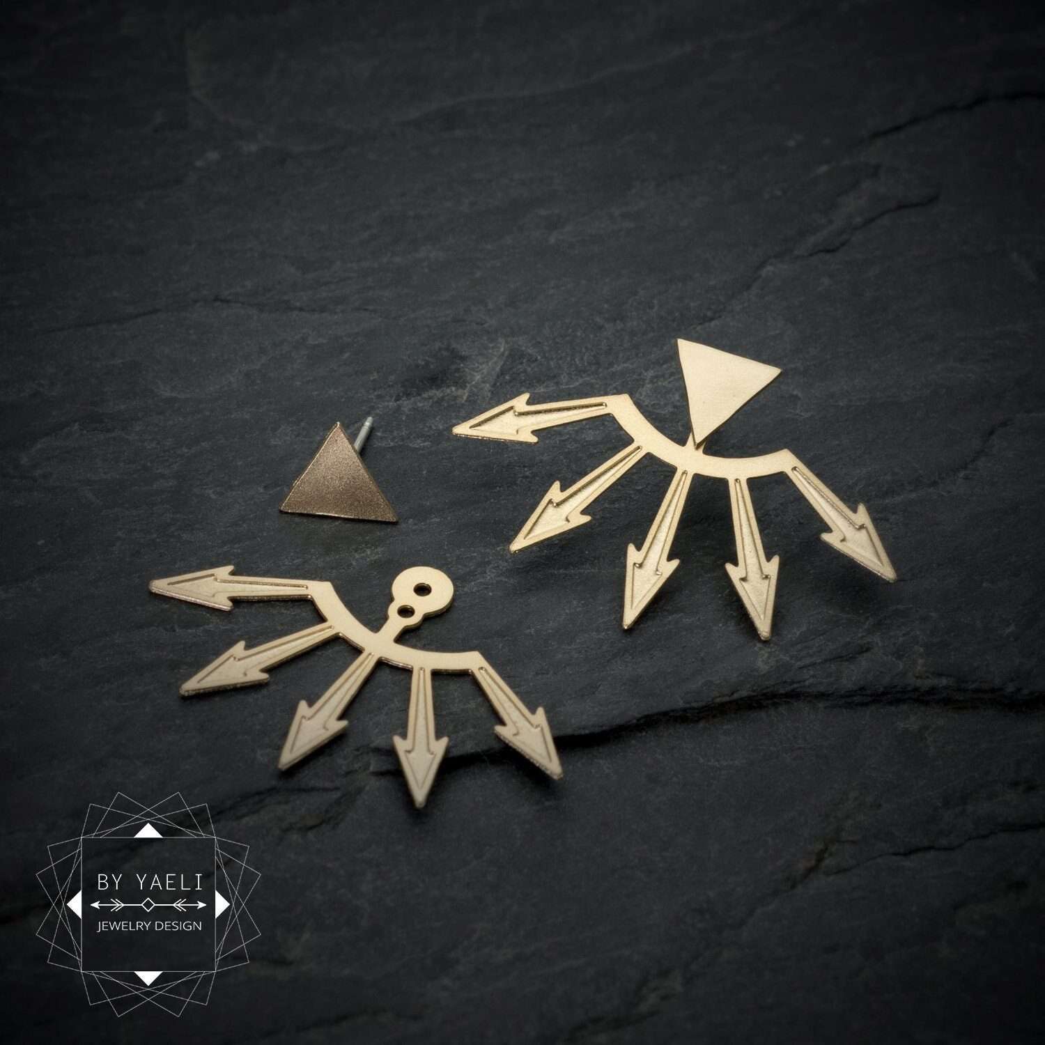 Ear jacket earrings, geometric triangles gold arrow stud earrings