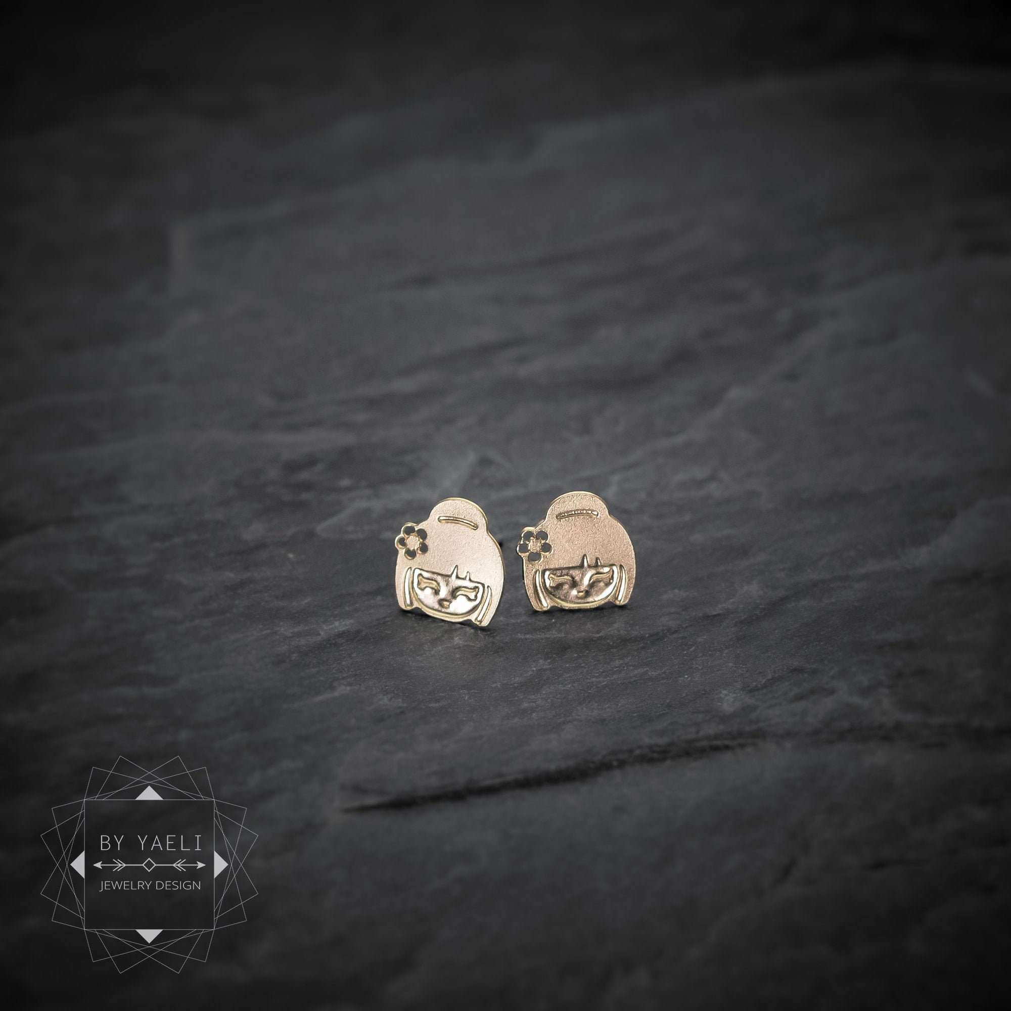 Kokeshi earrings gold stud earrings, cute Kokeshi doll tiny earrings