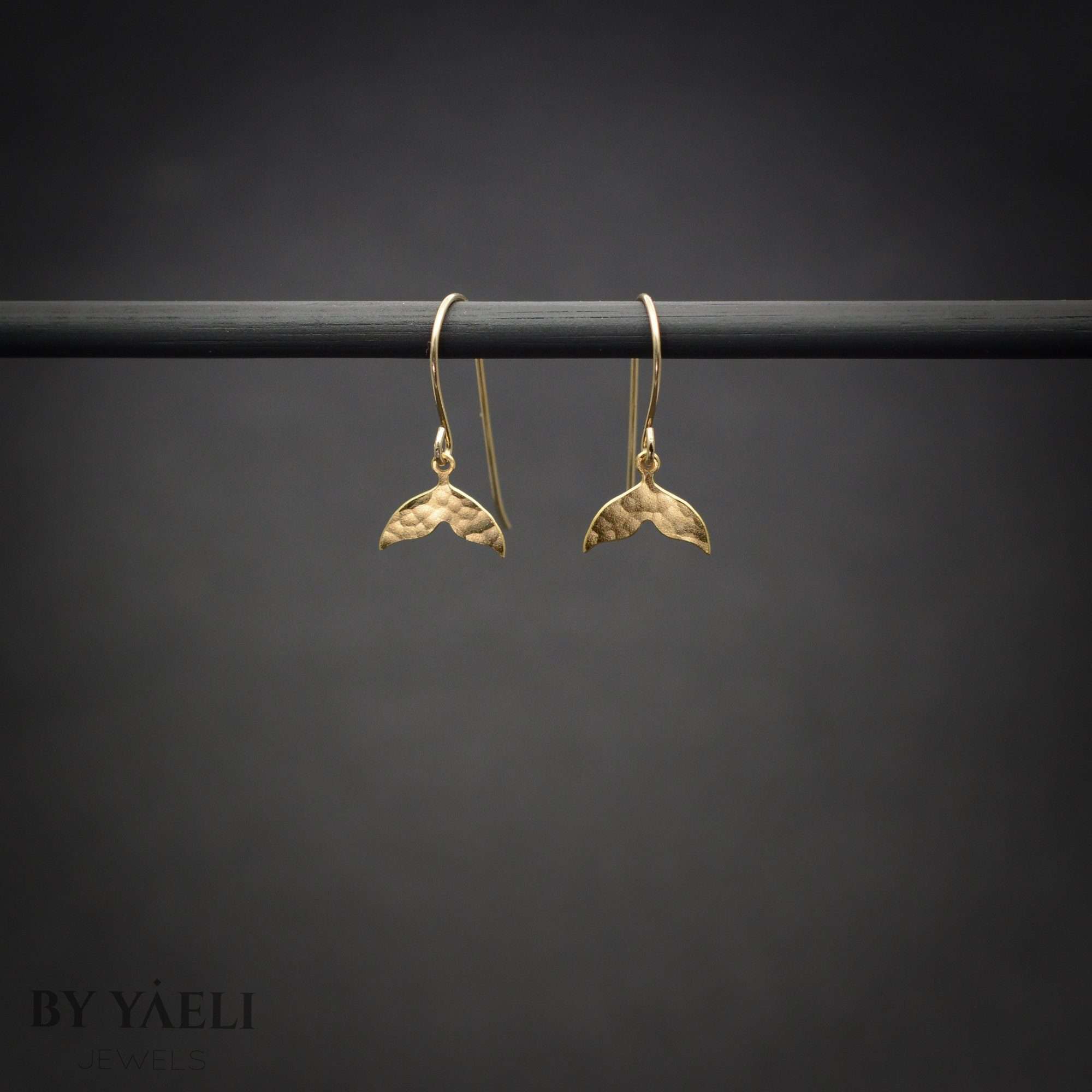 Whale earrings, gold tiny whale tail dangle earrings, mermaid drop earrings
