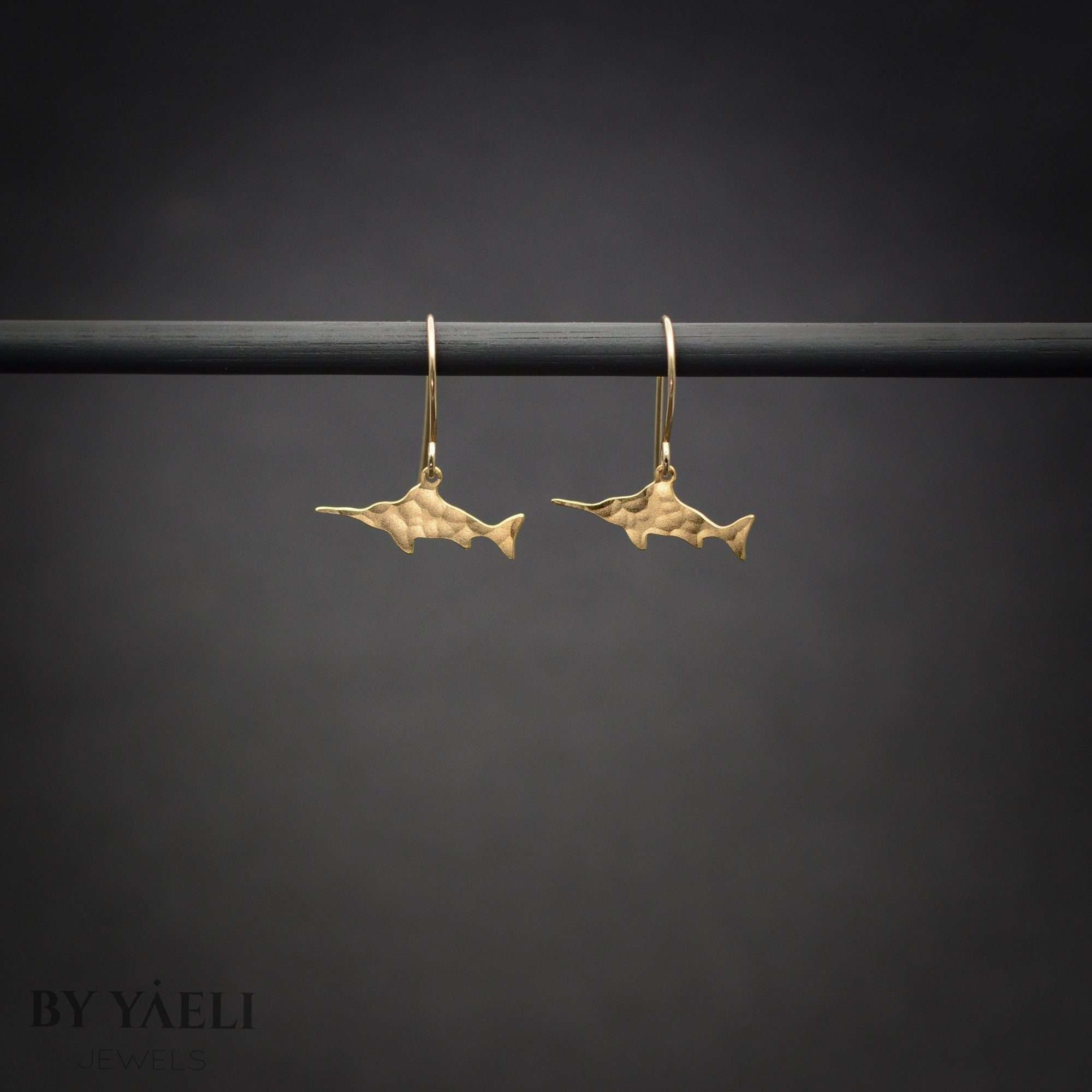 Fish earrings, gold tiny swordfish dangle earrings ocean jewelry