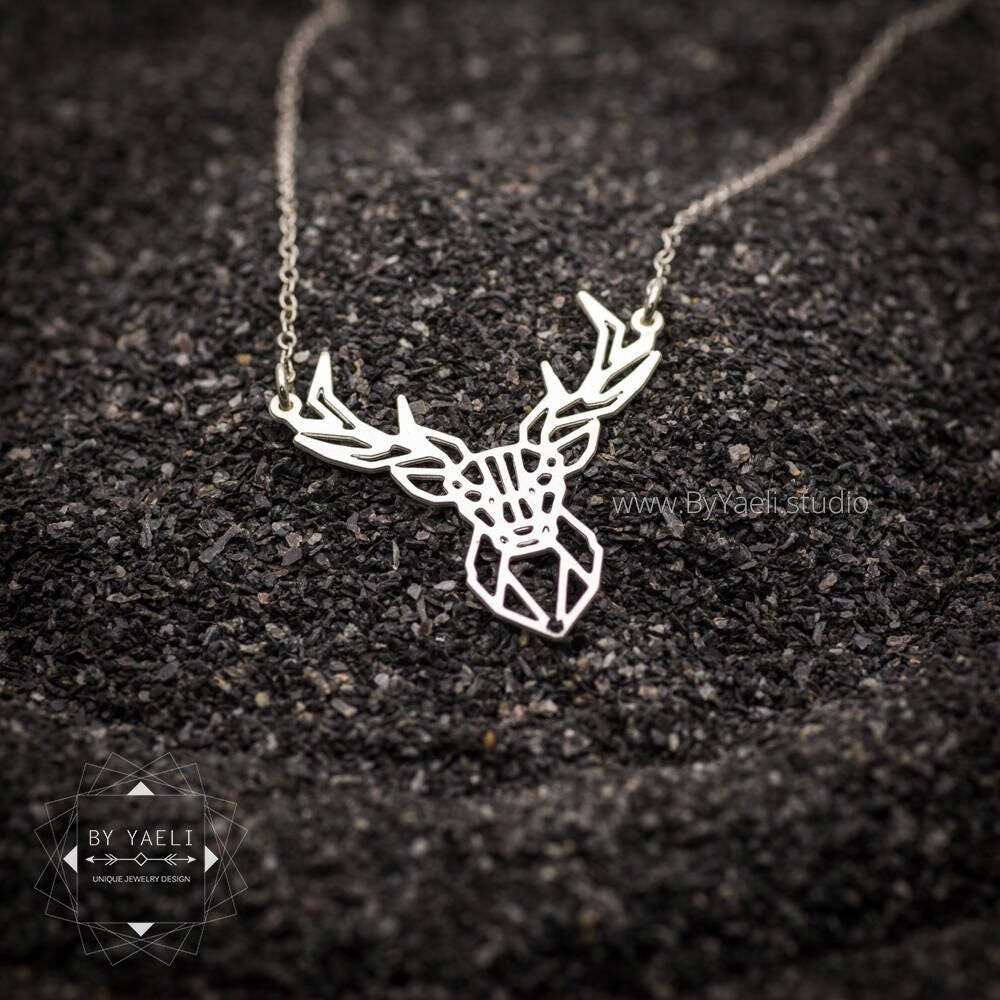Deer necklace geometric origami deer jewelry silver deer pendant