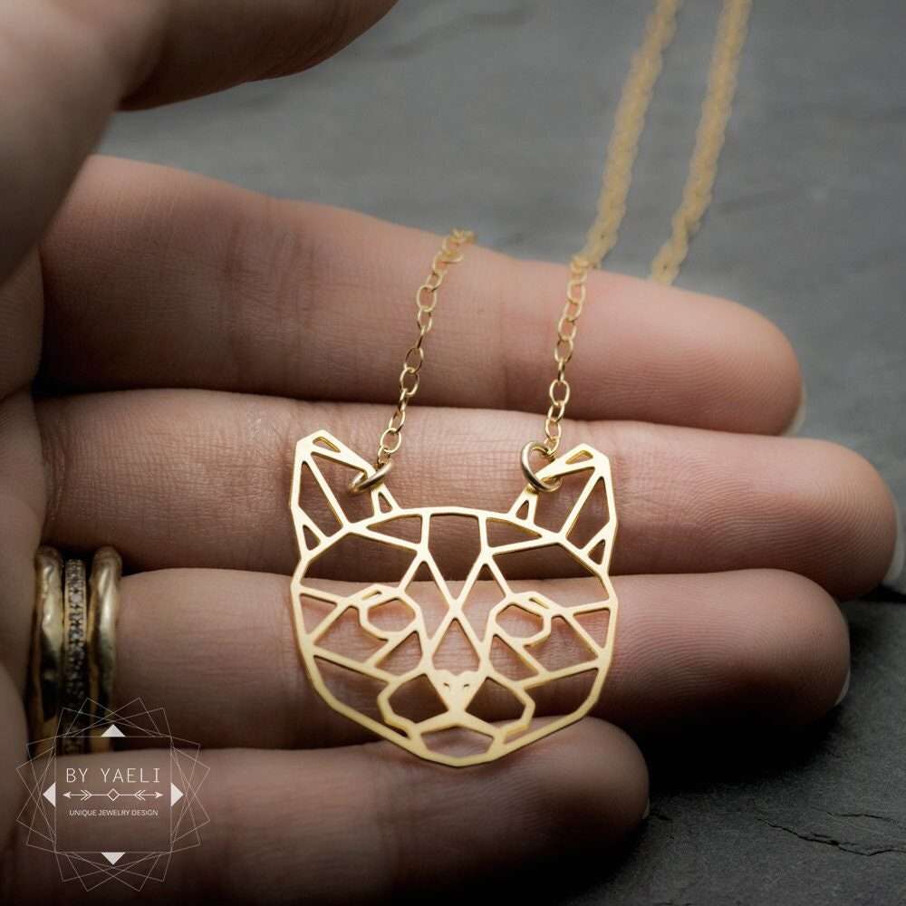 Cat necklace gold cat jewelry geometric origami cat pendant necklace cat lover gift for here