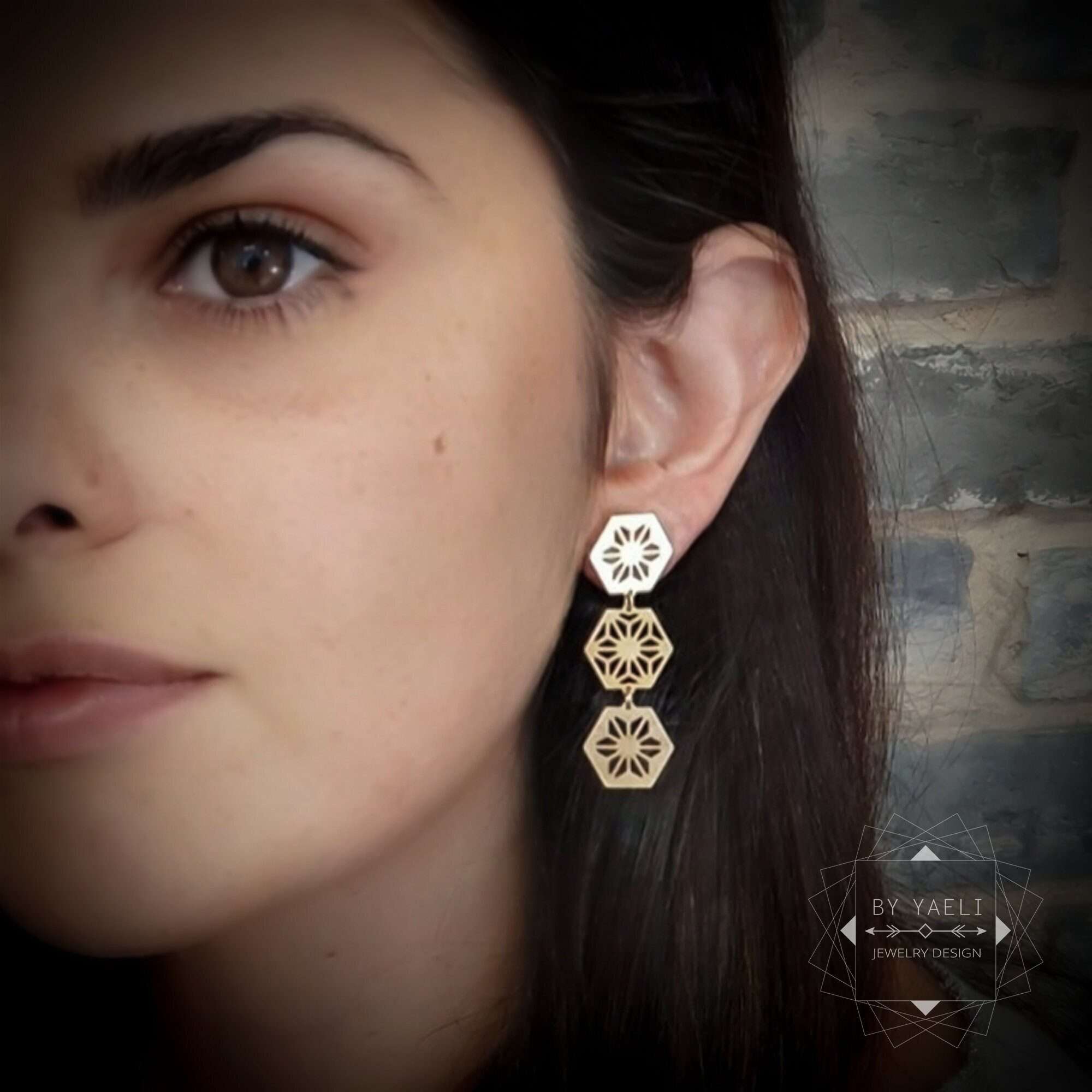 Geometric earrings hexagons stud earrings long dangle earrings gold hexagon earrings