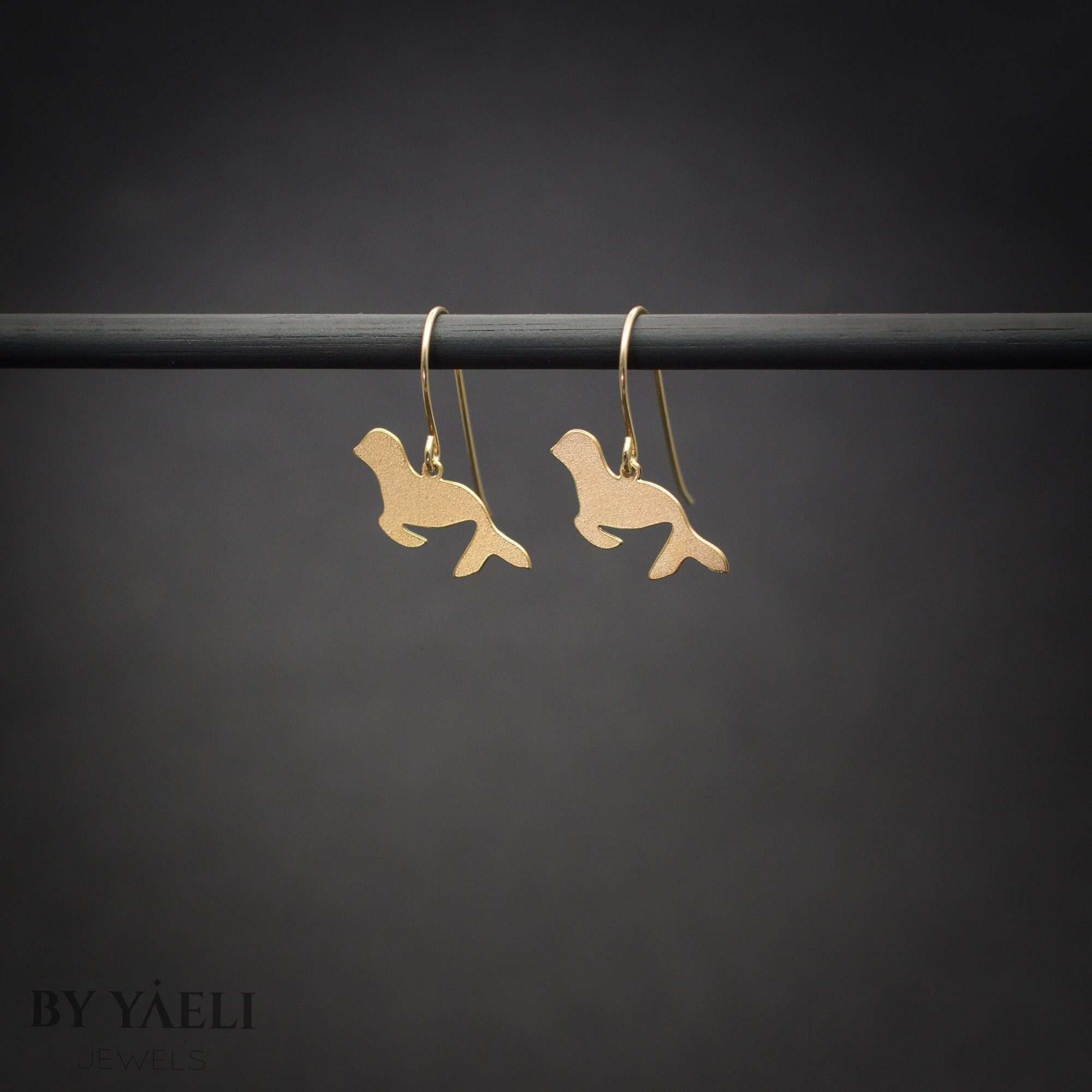 Seal earrings, gold little seal charm dangle earrings