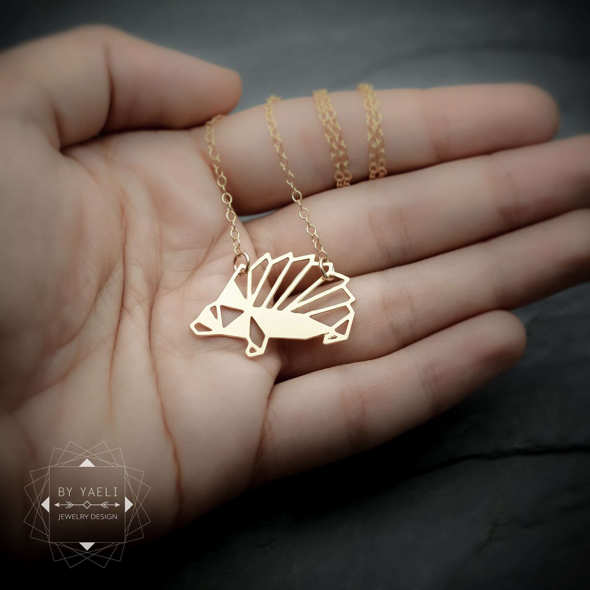 Hedgehog necklace geometric hedgehog origami necklace silver hedgehog necklace