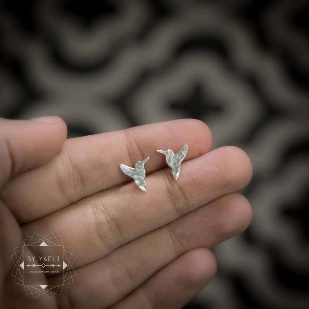 Hummingbird earrings dainty minimalist tiny silver Hummingbird stud earrings, bird earrings