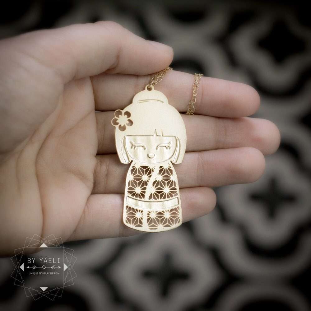 Kokeshi necklace statement Japanese necklace Japanese jewelry gold Kokeshi pendant