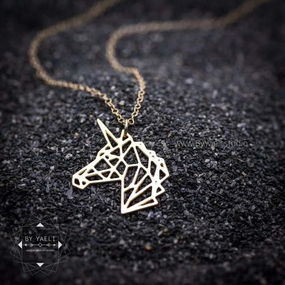 Unicorn necklace gold unicorn pendant geometric unicorn jewelry origami unicorn