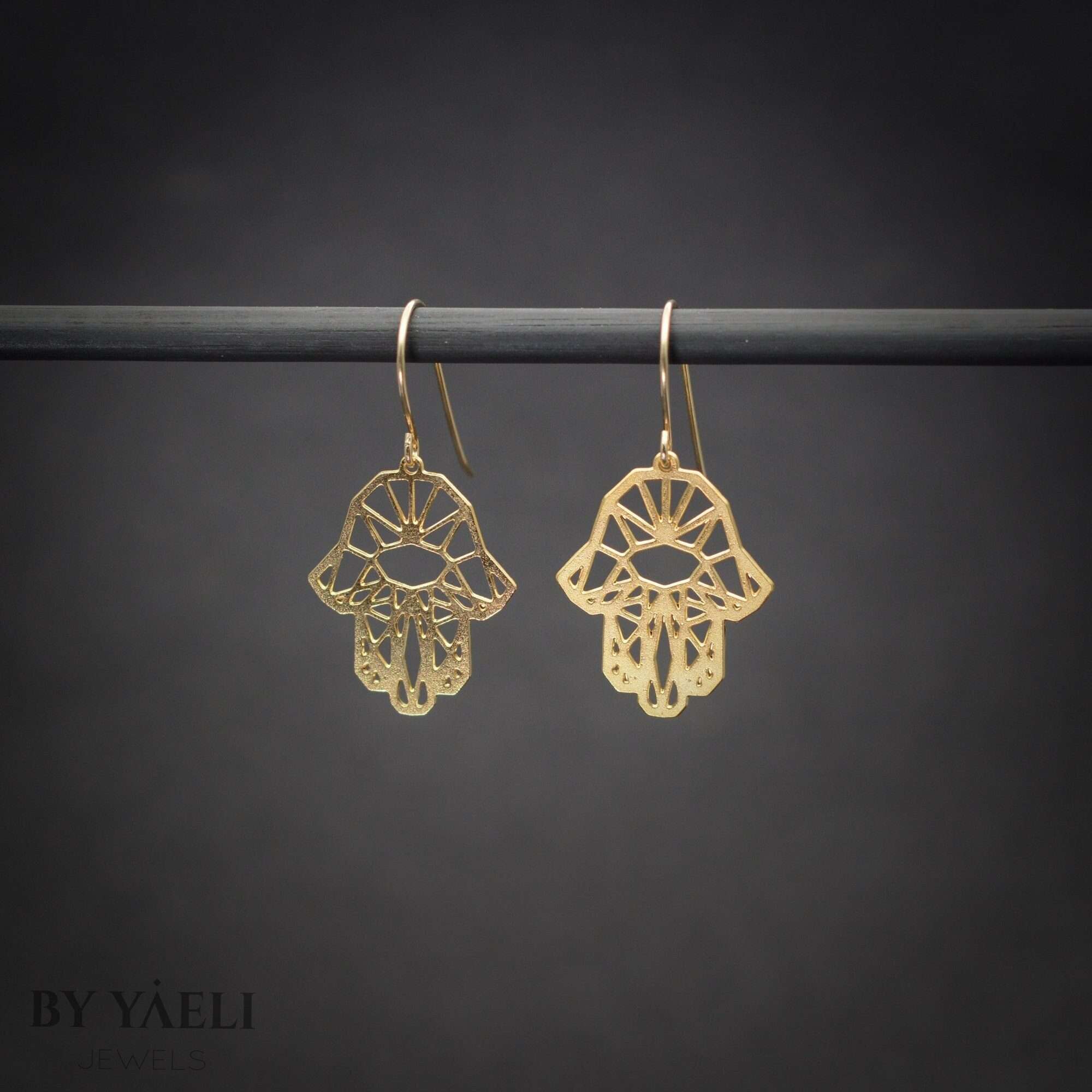Hamsa earrings, gold geometric dangle earrings, protection jewelry